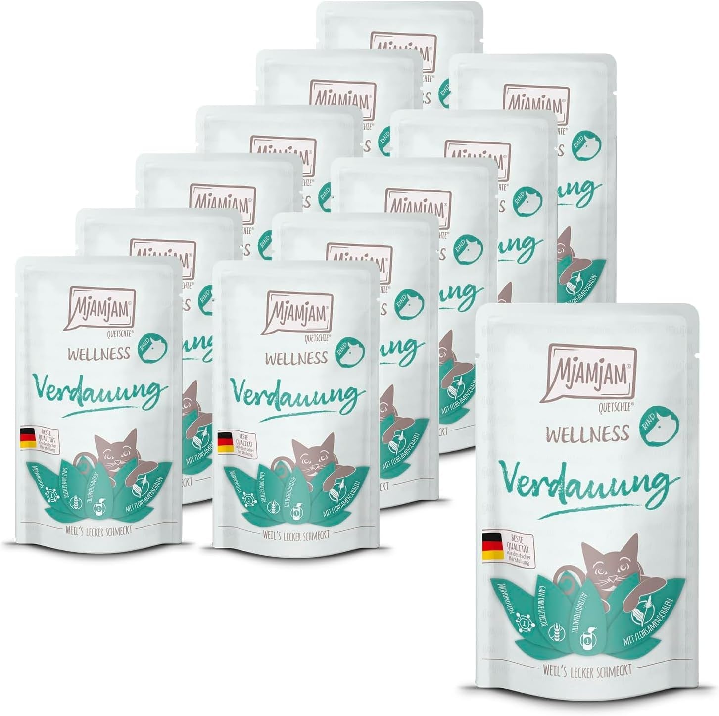 MjAMjAM - Premium natvoer voor katten - Wellness - Spijsvertering - Rund, 12 stuks (12 x 125 g), graanvrij