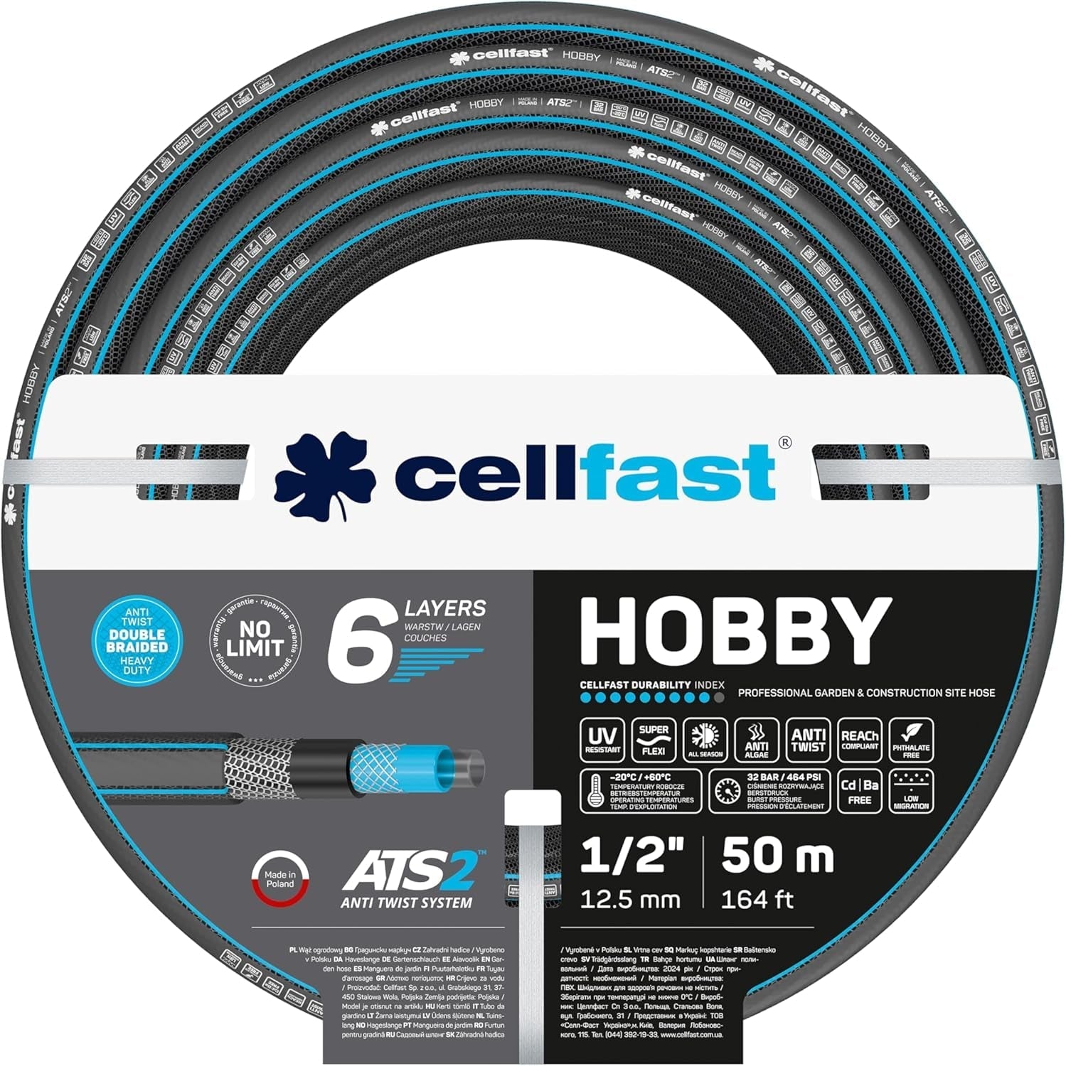 CELLFAST tuinslang 6-laags waterslang dubbel gevlochten stof irrigatieslang UV-bestendig anti-algen flexibele slang 32 bar 1 inch 25 meter hobby