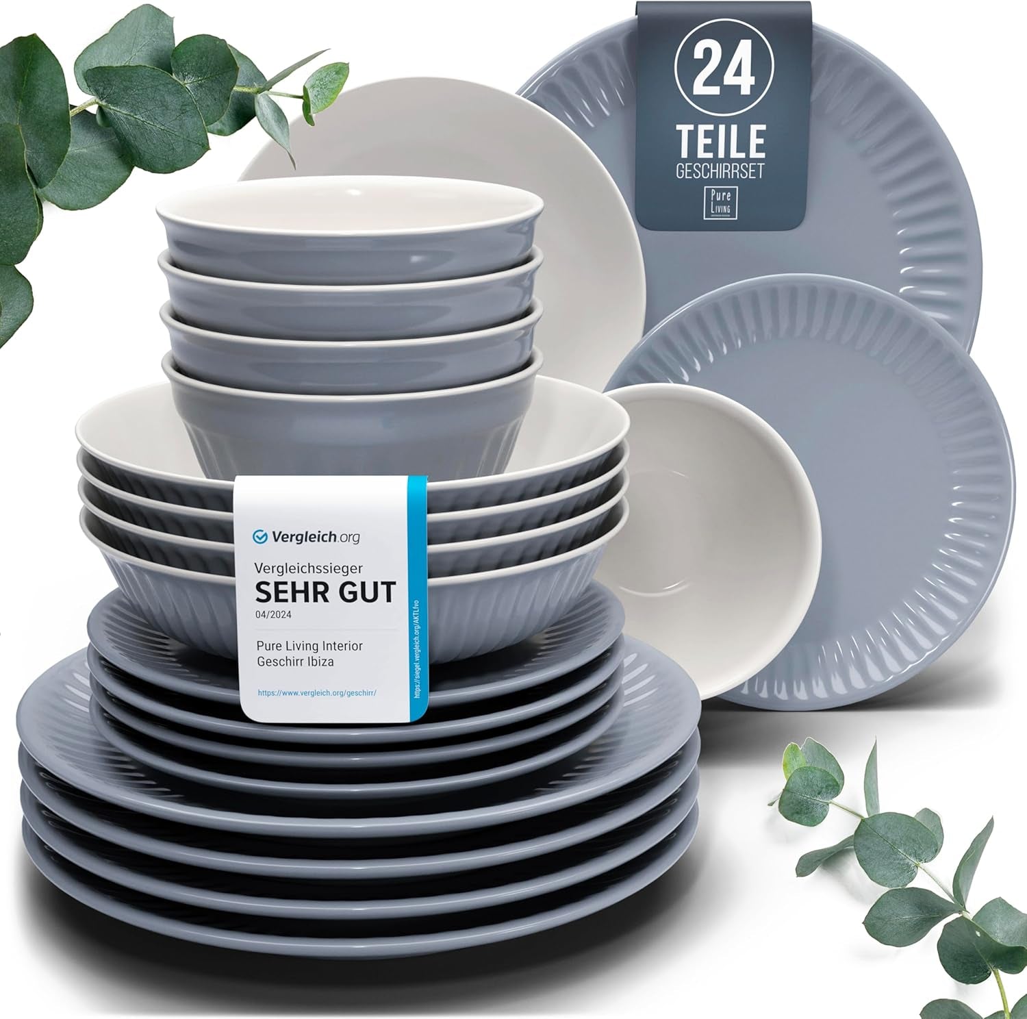 Keramisch servies voor 6 personen, Hygge, 24-delig. TESTWINNAAR Dromerig Scandinavisch aardewerk servies kom en bordenset servies voor 6 Pure Living serviessets in grijsblauw