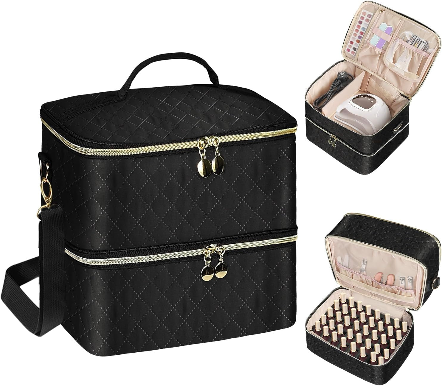 Nail Lacquer Organizer Tasche, Doppelschicht Nail Lacquer Storage Box, Organizer Koffer Für Nageldesign Kosmetiktasche Für 30 Flaschen Neonail Base (15Ml-0.5 Fl.Oz) & 1 nagellamp (zwart)