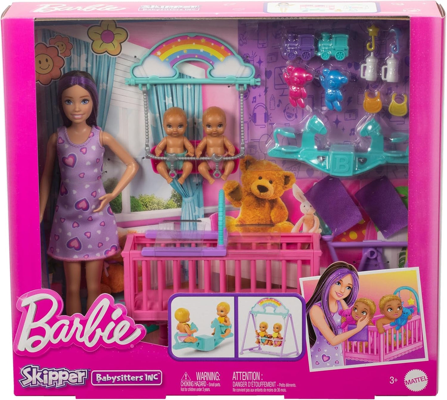 Barbie Schipperpop en speelhuis met accessoires, inclusief tweelingpoppen, 1 wieg, 1 schommel, 1 schommelstoel en meer, HXM99