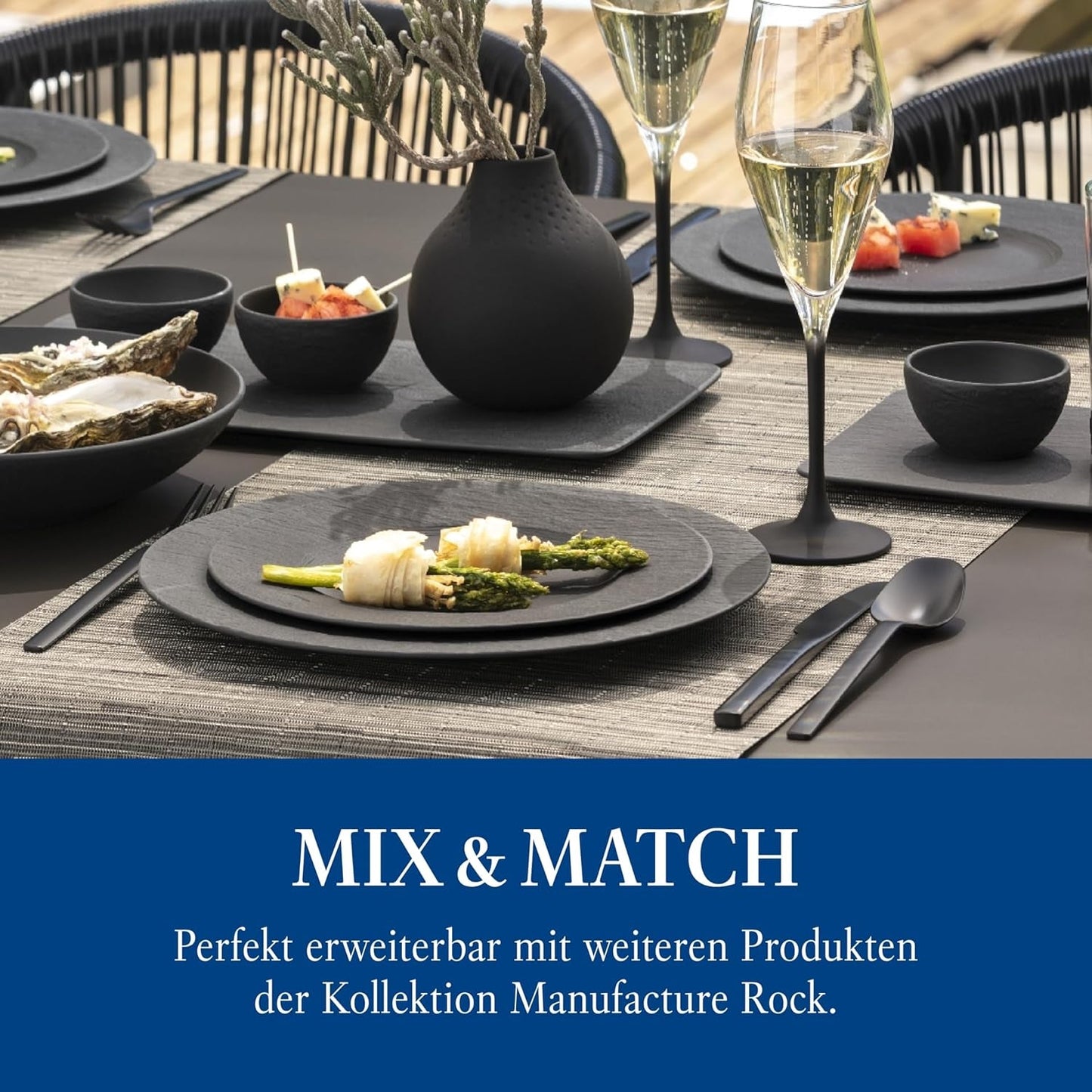 Villeroy & Boch Manufacture Rock Startset, 6-delig, Zwart, Vaatwasmachinebestendig, Magnetronbestendig, Matzwart Serviesje, Servies, Bestek, Premium Porselein
