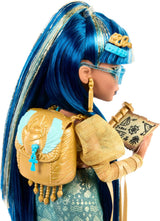 Monster High Cleo De Nile-pop in gouden blouse en gelaagde rok, inclusief Cobra Hissette-huisdier en accessoires zoals rugzak, snack en papierrol, HXH74 Naty Shop-poppen