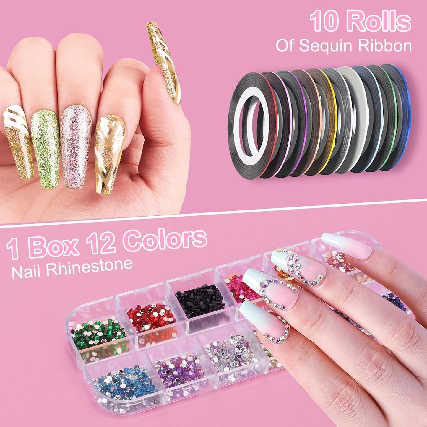 53 Blätter Nagelsticker, Nail Art Pinsel en decoratieset, 15 PCS Pinsel, 5 PCS Dotted Pennen, Strasssteine, Blattgold voor Nagelkunst, Nagel Pailletten, Nagelkunstwerkzeuge en decoratiesets