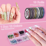 53 Blätter Nagelsticker, Nail Art Pinsel en decoratieset, 15 PCS Pinsel, 5 PCS Dotted Pennen, Strasssteine, Blattgold voor Nagelkunst, Nagel Pailletten, Nagelkunstwerkzeuge en decoratiesets