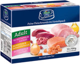Dehner Premium natvoer voor katten, multipack, volwassen katten, elk 4 stuks: lamsvlees / kalkoen / zalm, 12 zakken x 100 g (1,2 kg)