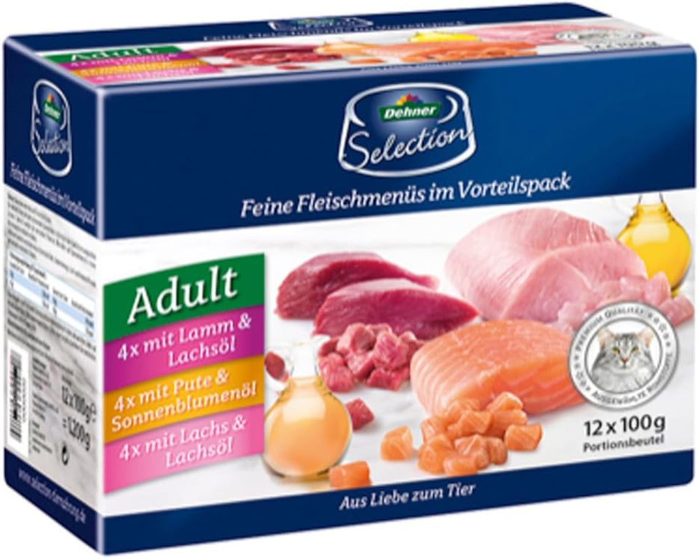 Dehner Premium natvoer voor katten, multipack, volwassen katten, elk 4 stuks: lamsvlees / kalkoen / zalm, 12 zakken x 100 g (1,2 kg)
