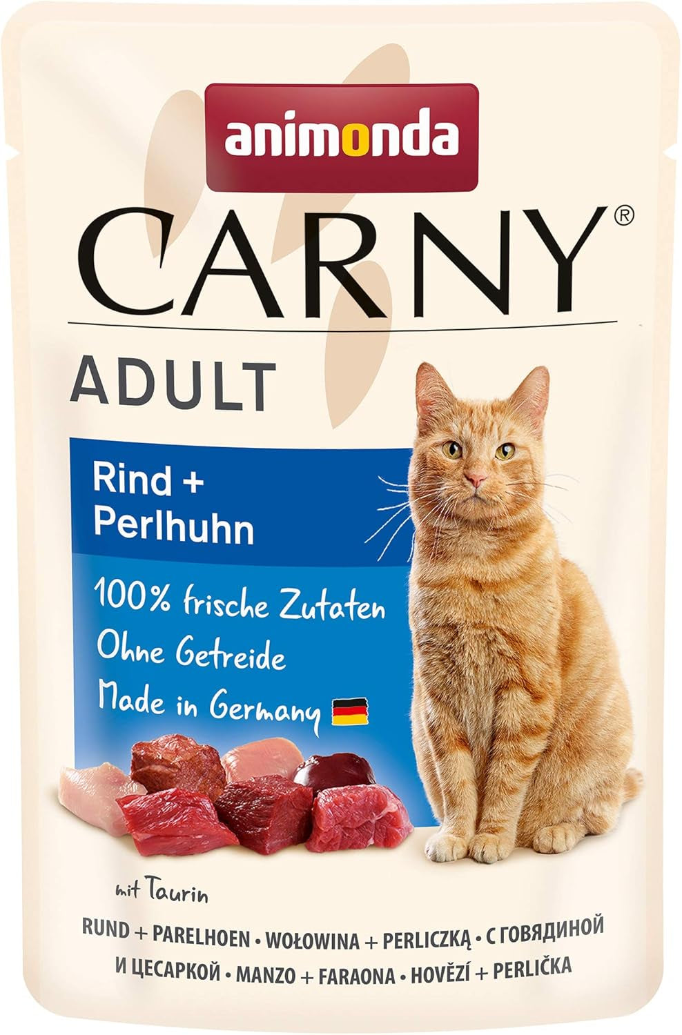 Animonda Carny Natvoer voor katten met rund en parelhoen, 12 zakjes (12 x 85 g), graanvrij, suikervrij natvoer met verse vleesingrediënten