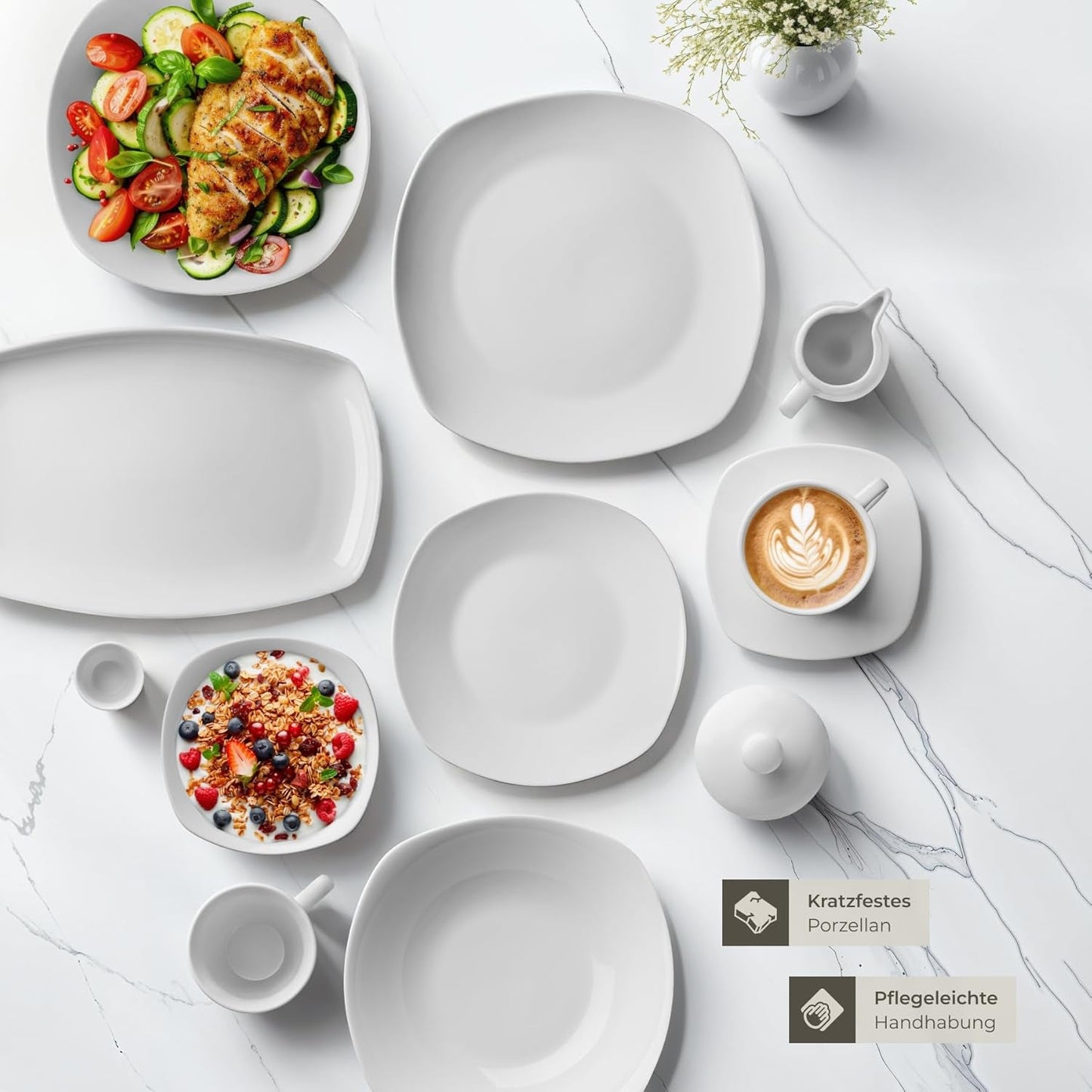 tectake® 12-persoons serviesset, 100-delige porseleinen serviesset, inclusief 12 borden, 12 dessertborden, 12 dinerborden, 12 kopjes, 12 ontbijtgranenschalen, slakom, melkkan, suikerpot