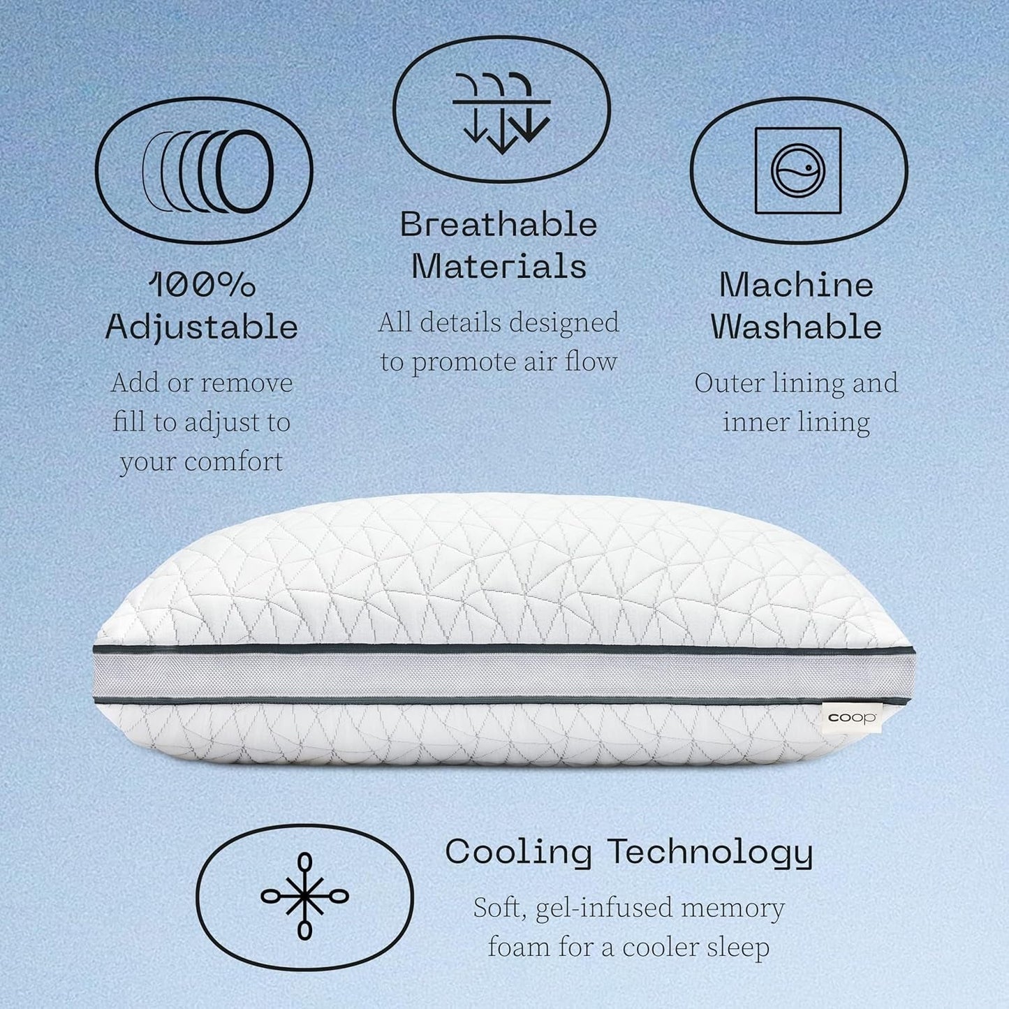 Coop Home Goods Eden Cool Verstelbaar kussen Kingsize verstelbaar met gel doordrenkt traagschuim Zacht ademend Lulltra-materiaal Ideaal voor alle slapers Milieuvriendelijk Naty Shop Standaardkussens