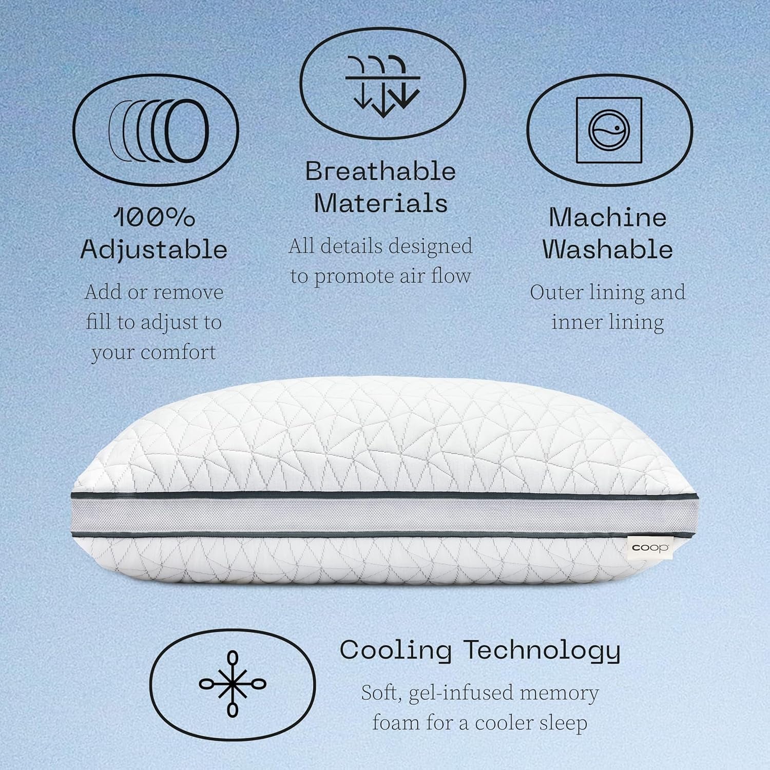 Coop Home Goods Eden Cool Verstelbaar kussen Kingsize verstelbaar met gel doordrenkt traagschuim Zacht ademend Lulltra-materiaal Ideaal voor alle slapers Milieuvriendelijk Naty Shop Standaardkussens