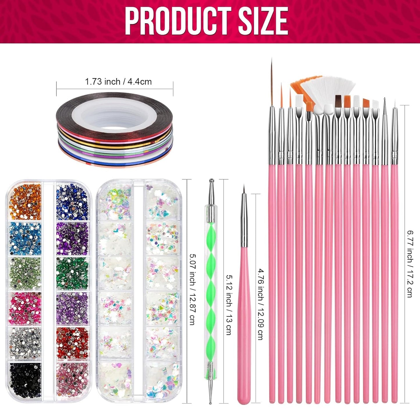 FANDAMEI Nail Art Brush Set, 15 Stücke Pinsel Für Gelnägel Nagel Pinsel, 5 Stücke Dotted Pen, 10 Rolle Streifenband Nägel, Strasssteine ​​​​Nägel, Ultra Dünn Nagel Pailetten voor Nagelkunst Maniküre Set