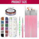 FANDAMEI Nail Art Brush Set, 15 Stücke Pinsel Für Gelnägel Nagel Pinsel, 5 Stücke Dotted Pen, 10 Rolle Streifenband Nägel, Strasssteine ​​​​Nägel, Ultra Dünn Nagel Pailetten voor Nagelkunst Maniküre Set