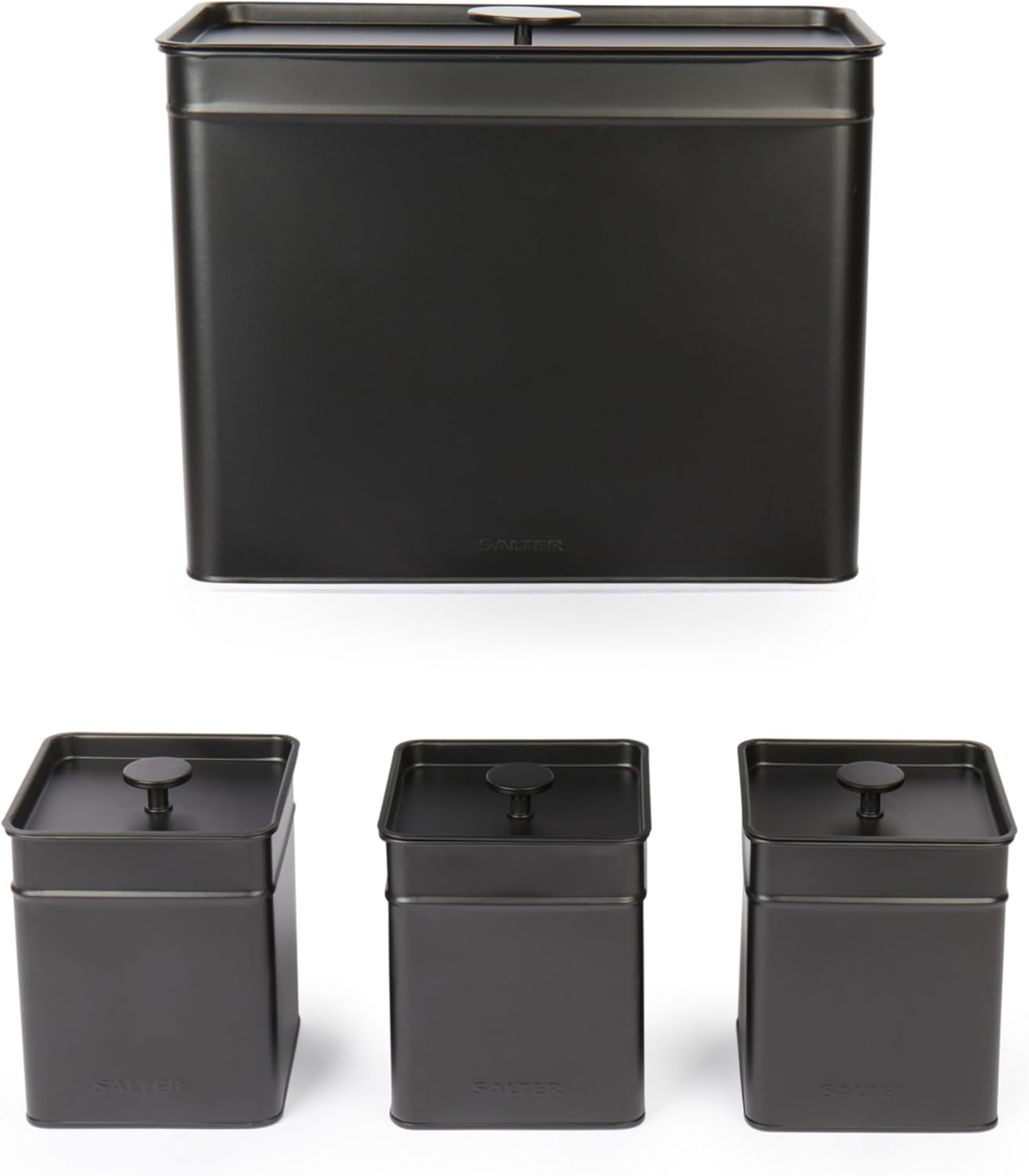 Salter BW12614EU7 Kuro Opbergdozenset - 4 Keukencontainers Brood/Thee/Koffie/Suiker Vierkante Organizer Boxen Gemakkelijk schoon te maken Houd voedsel vers Zwarte voedselopbergdozen Naty Shop