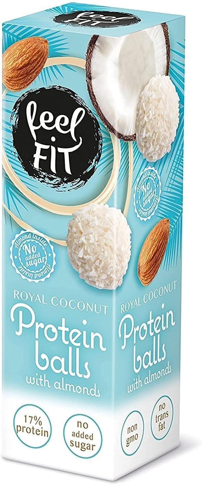 Suikervrije kokospralines met amandelen, feel FIT, geen toegevoegde suikers, 17% eiwit, 63 g