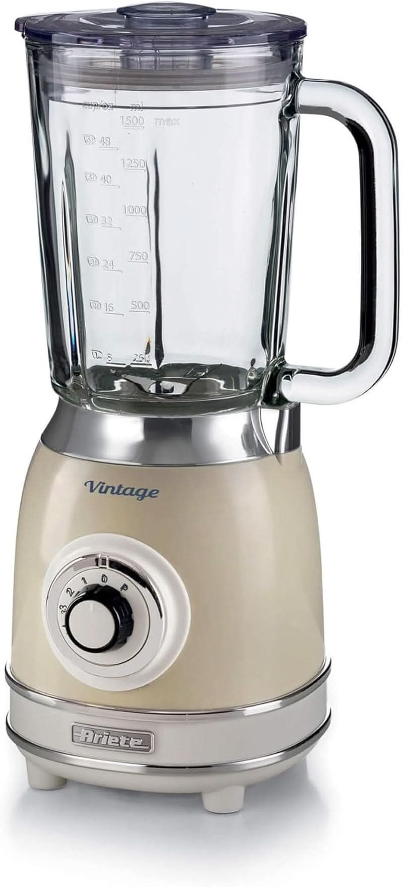 Ariete Vintage 583 Mixer Aus Glas, Retro Multifunktionsmixer Met 4 Klingen, 4 Geschwindigkeiten + Pulse-Funktion, Ice-Crusher Funktion, 1,5 Liter Fassungsvermögen, 1000W, Grün Bucatarie Naty Shop Beige Single