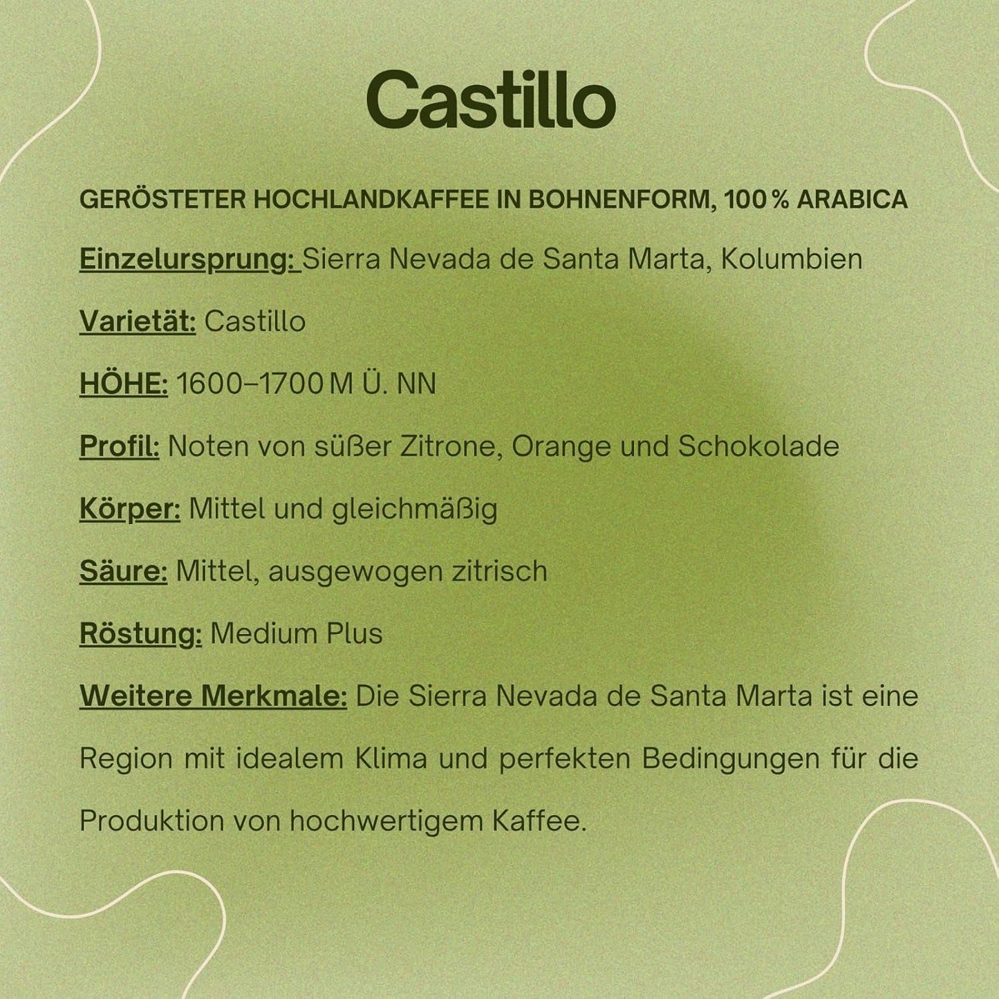 Spezialitätenkaffee Bohnen 100% Arabica Natuurlijk Mittlere Röstung Gewaschener Prozess Zitrus Schokolade Karamell Schattenanbau Sierra Nevada (250 g, Castillo)