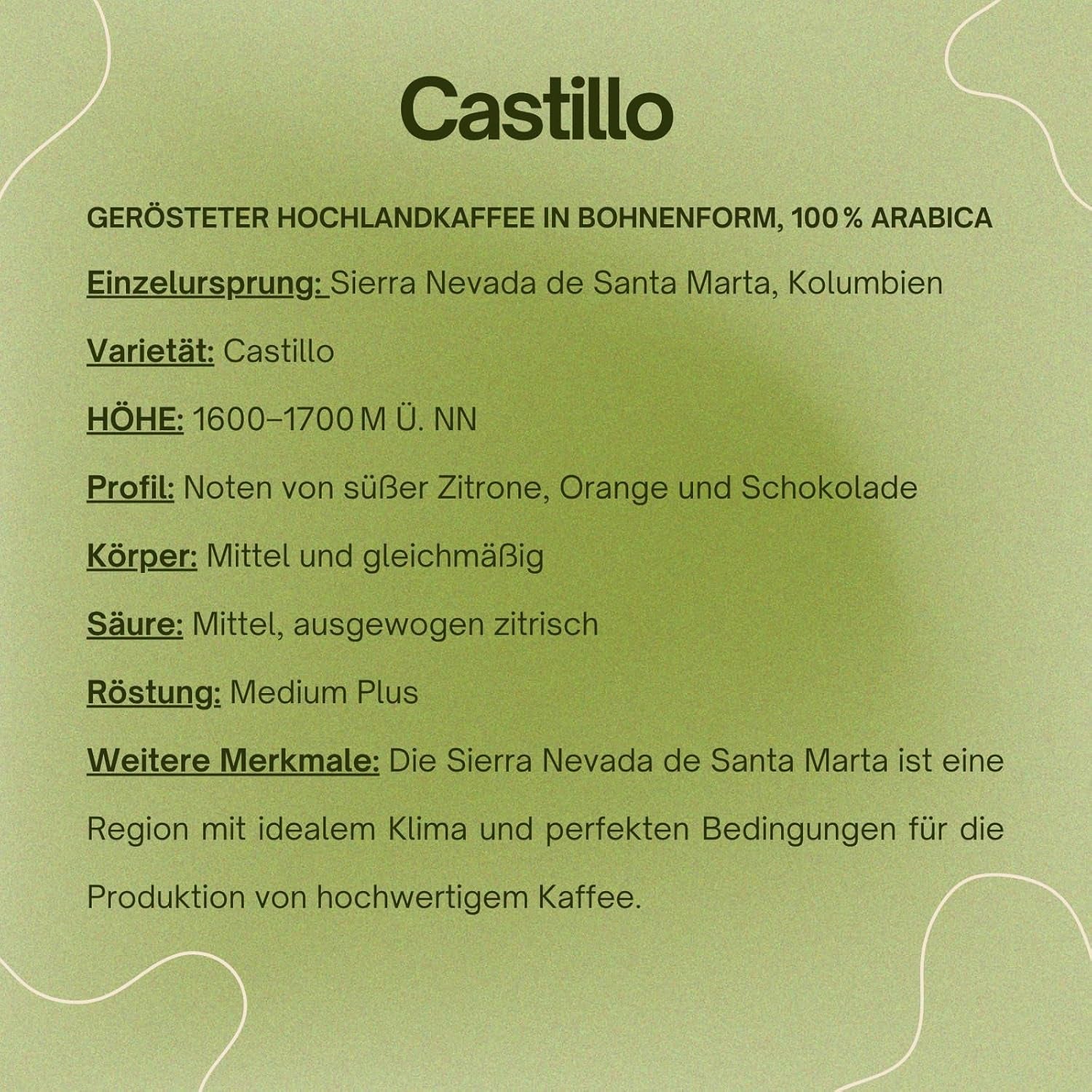 Spezialitätenkaffee Bohnen 100% Arabica Natuurlijk Mittlere Röstung Gewaschener Prozess Zitrus Schokolade Karamell Schattenanbau Sierra Nevada (250 g, Castillo)