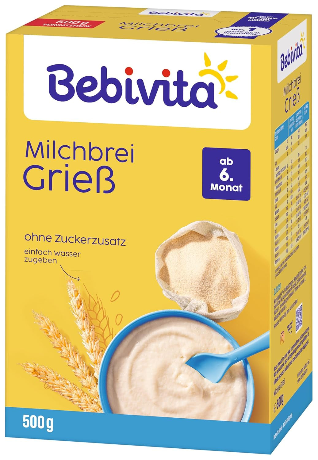 Griesmeelpap met melk (4 x 500 g), voeding voor baby's vanaf 6 maanden, zonder toegevoegde suiker, met waardevolle mineralen en vitamines, zeer vullend