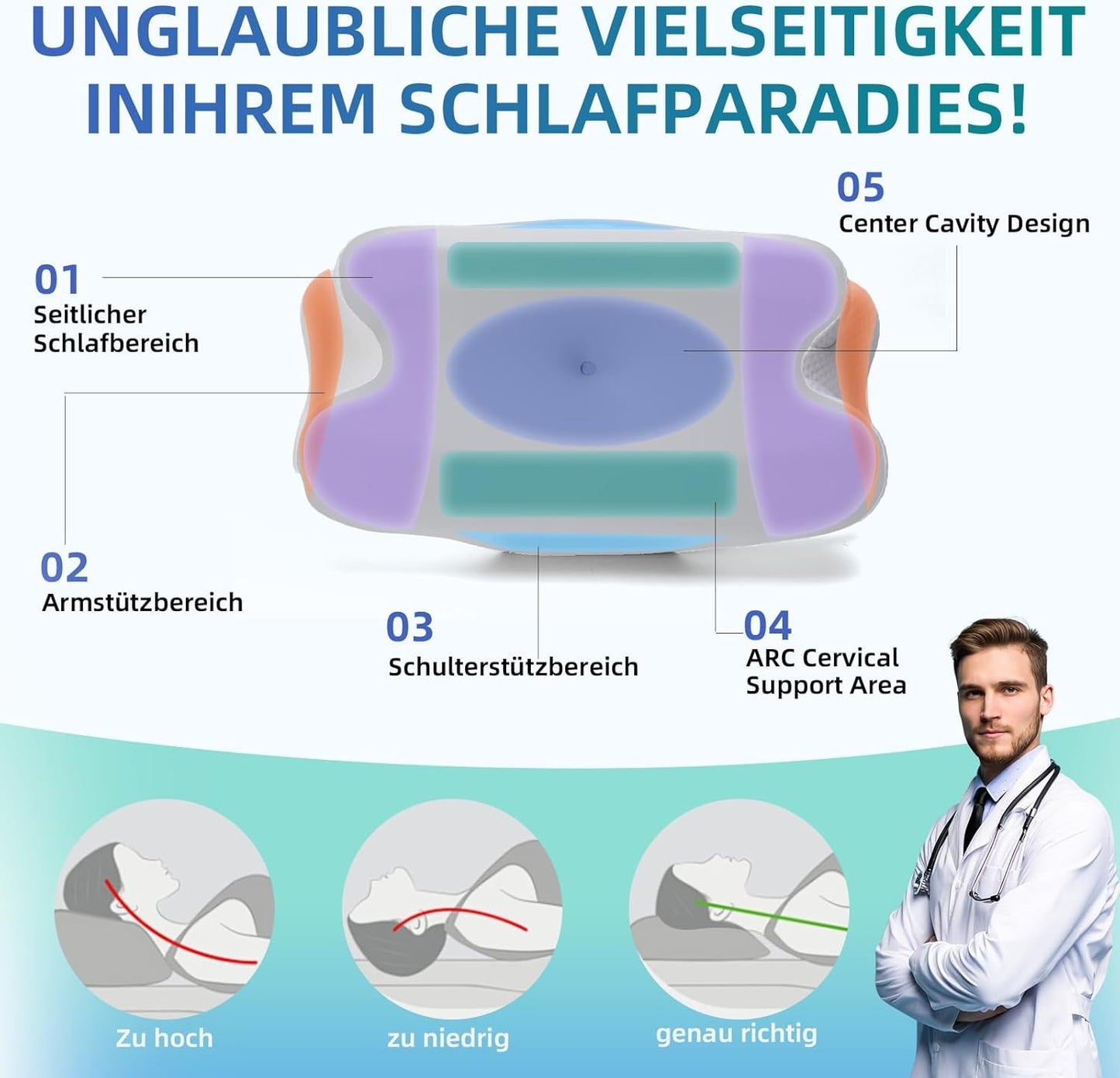 RUMMY Ergonomisch neksteunkussen van traagschuim met afneembare wasbare hoes voor zij- en buikslapers (grijs) Cervicale orthopedische kussens Naty Shop