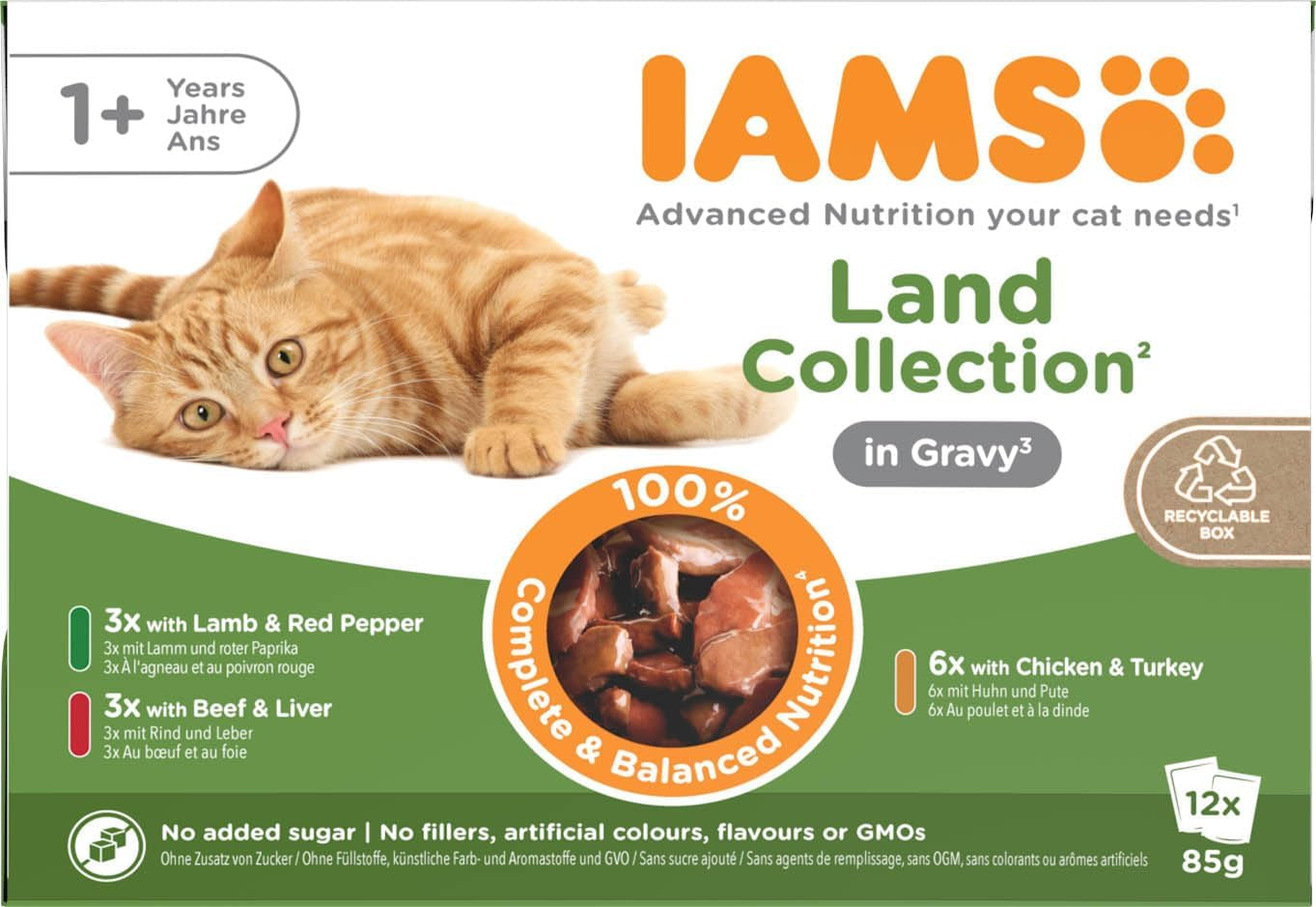 IAMS Delights Land Collection Natvoer voor katten - Multipack met vleessoorten (lamsvlees, rundvlees, kip en kalkoen) in saus, natvoer voor katten vanaf 1 jaar, 12 x 85 g