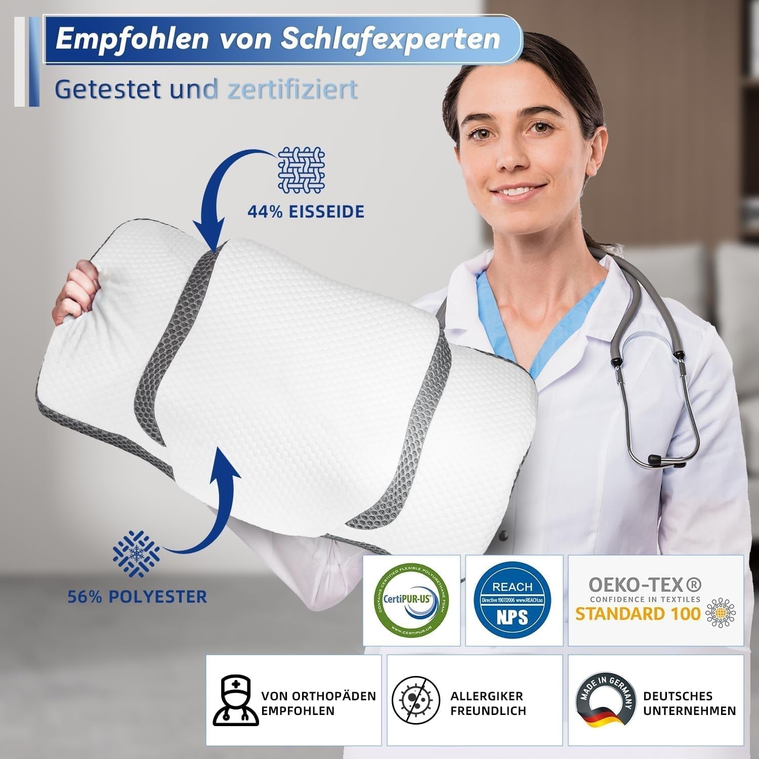 Orthopedisch kussen, ergonomisch nekkussen, hoofdkussen, origineel traagschuimkussen voor zijkanten, rug- en maagondersteuning, neksteunkussen voor mannen, vrouwen (67,3 x 38,2 x 13,8/3 cm) Cervicale orthopedische kussens Naty Shop