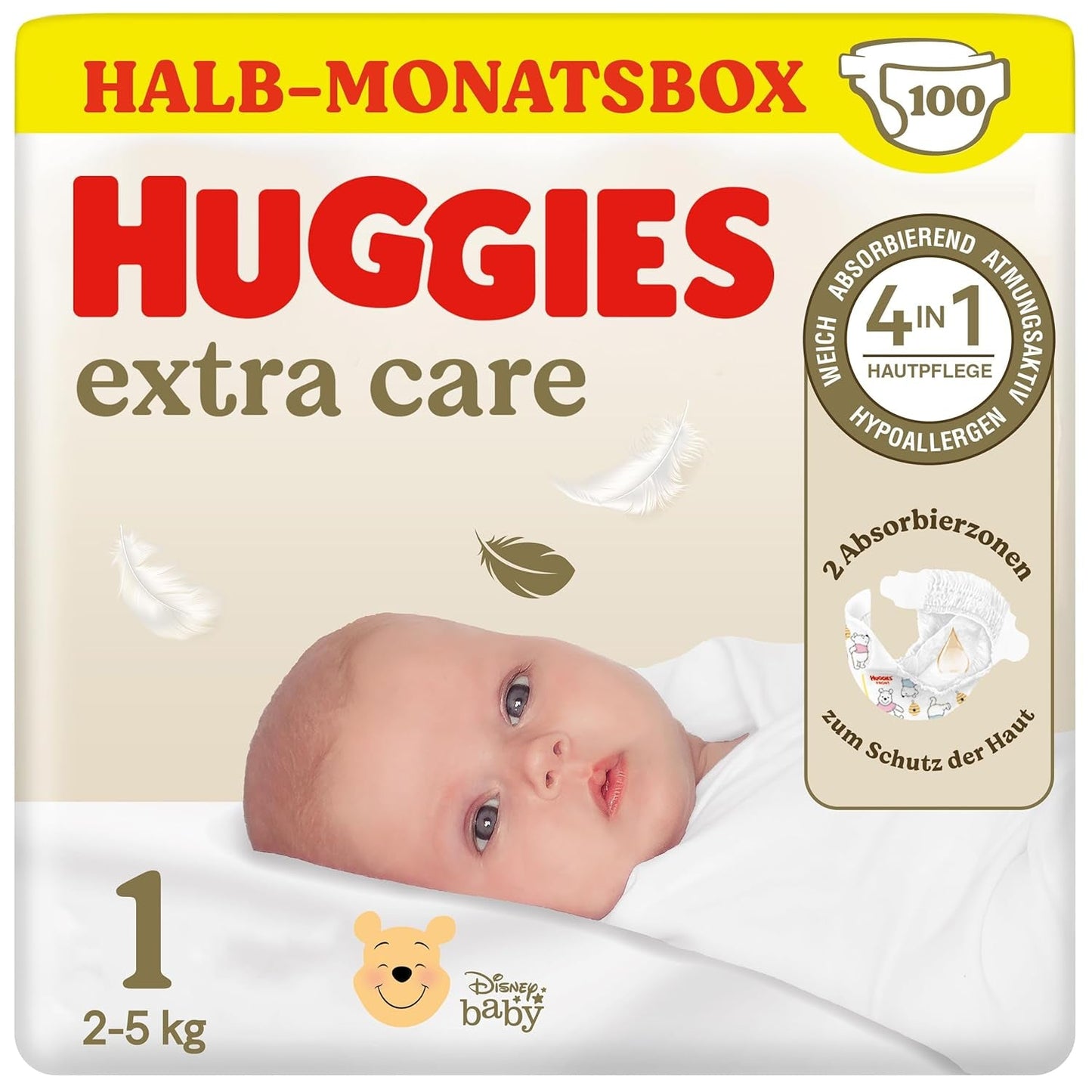 Huggies pasgeboren luiers, maat 1, 100 luiers (2 x 50), doos van een halve maand