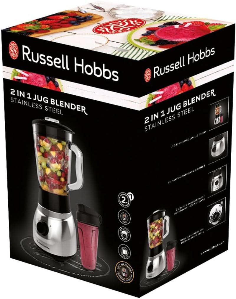 Russell Hobbs Standmixer 2-In-1 [1,5L Glasbehälter Mixer & 0,6L Mini Smoothie Maker -To-Go-Trinkflasche Inkl. Deckel] Spülmaschinenfest, Impuls-/Ice-Crush-functie, Becher BPA Frei, Edelstahl 23821-56 Keuken Naty Shop
