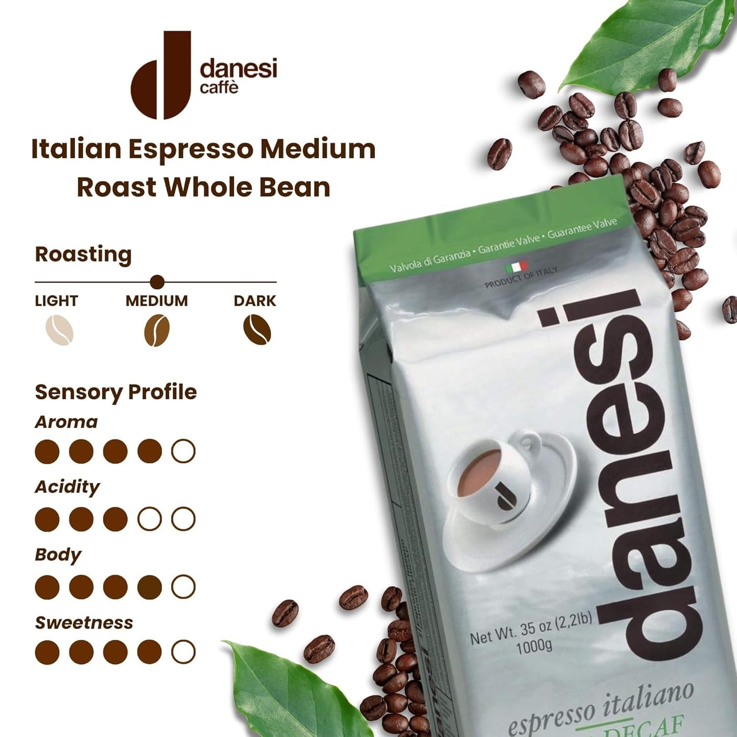 Danesi Decafeinato (cafeïnevrij), bonen, 1 pakje (1 x 1 kg)