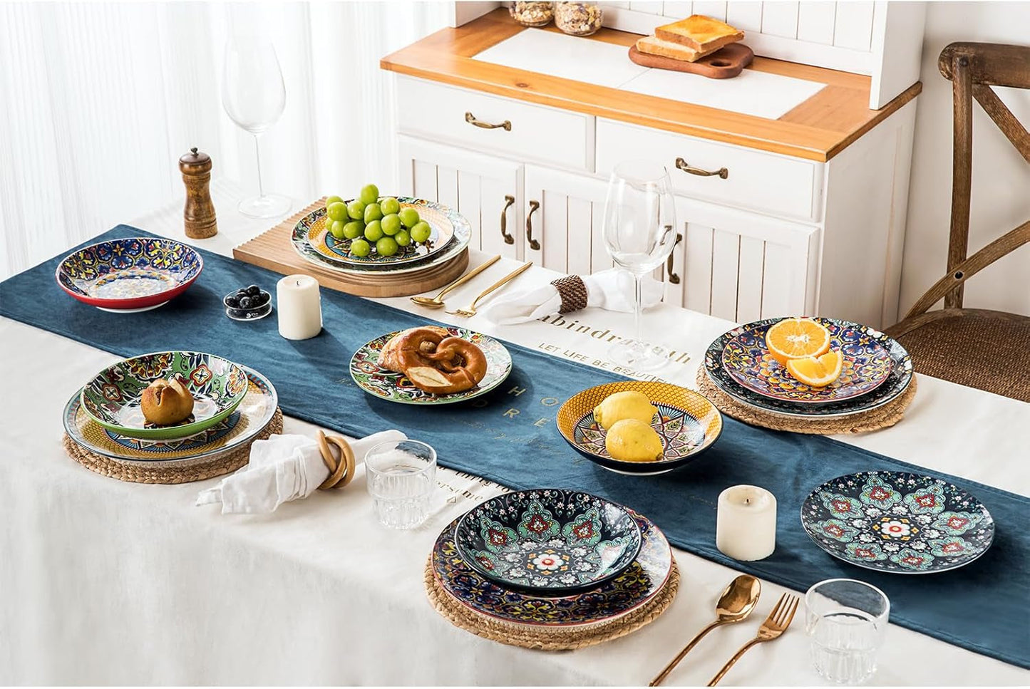 HENXFEN LEAD porseleinen serviesset, 12-delige serviesset voor 4 personen, kleurrijke serviesset voor 4 personen - handbeschilderde borden, dessertborden, soepborden - Boheemse stijl