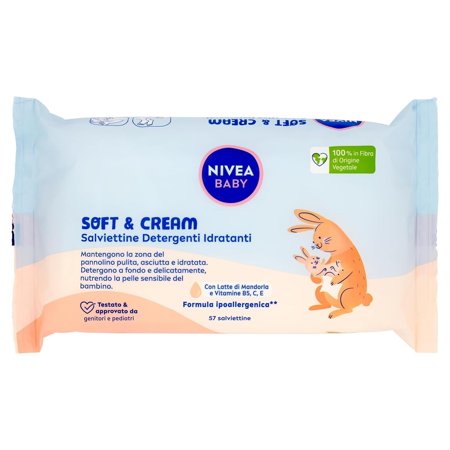 NIVEA Baby Vochtinbrengende Reinigingsdoekjes Soft & Cream, 57 stuks, voor een schone, droge en gehydrateerde huid, babydoekjes met amandelmelk en vitamines B5, C en E
