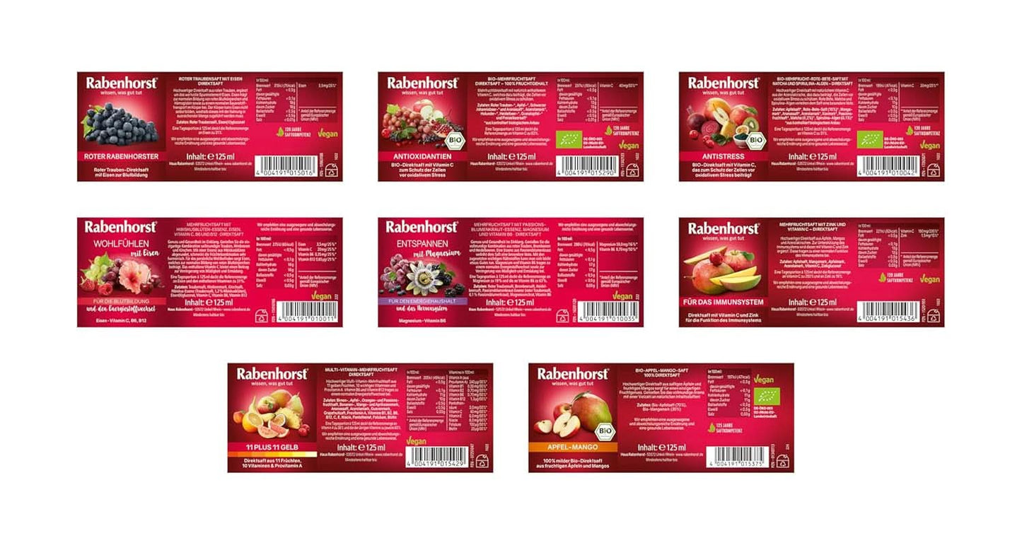 Rabenhorst mini proefpakket, 8 varianten of 3 flessen (24 X 125 ml) Alcoholvrije dranken Naty Shop