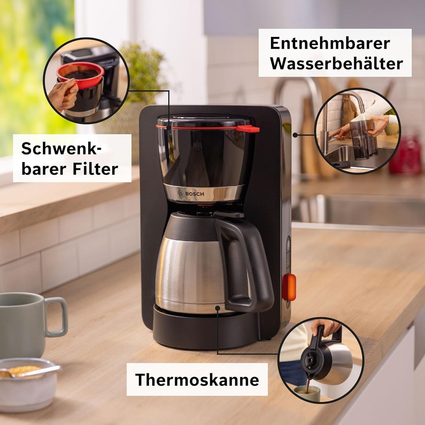 Bosch MyMoment TKA6M273 Filter-espressomachine, 1L thermische karaf, 8-12 kopjes, antidruppelsysteem, roterende filterhouder, ontkalkingsprogramma, verwijderbaar waterreservoir, 1200 Watt, matzwart