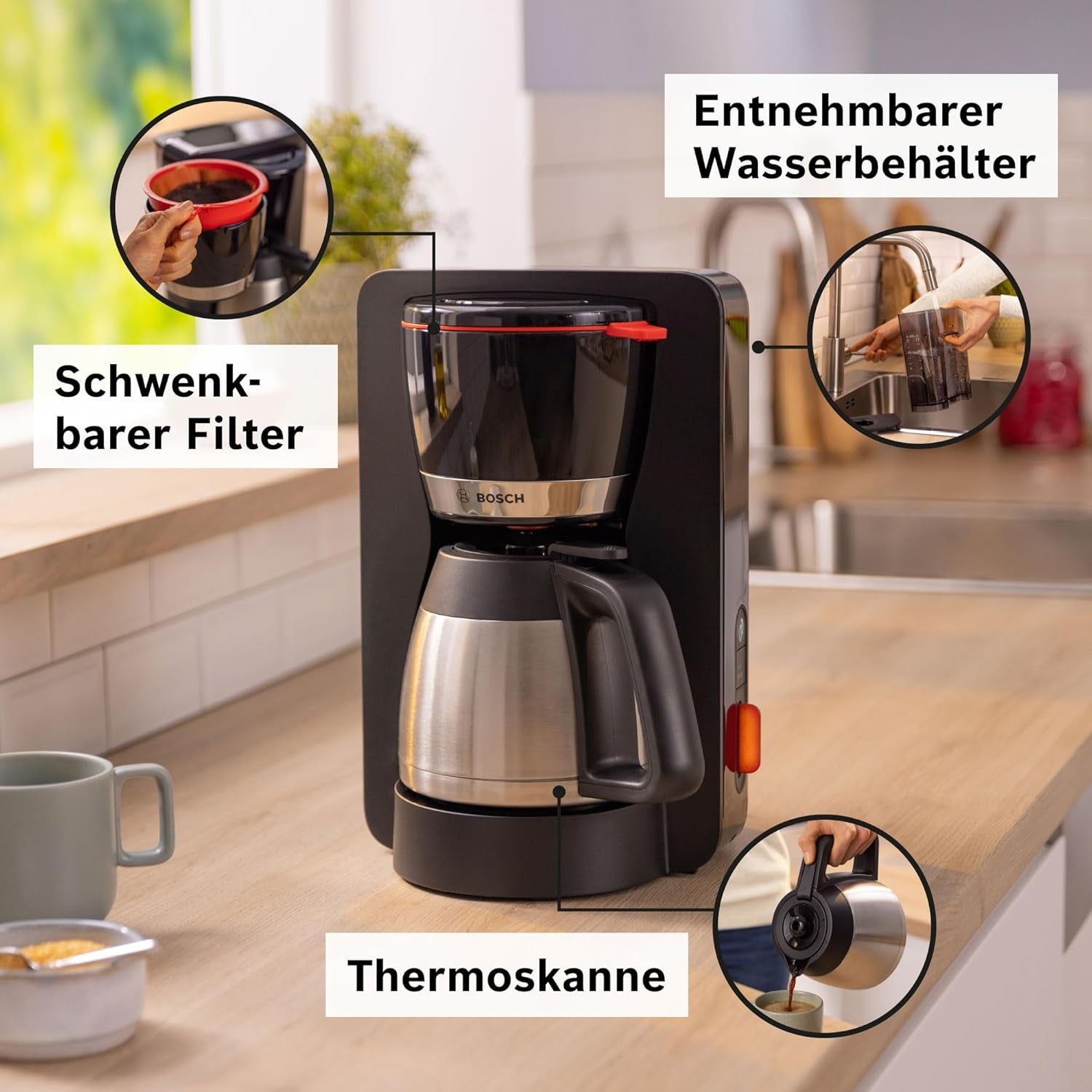 Bosch MyMoment TKA6M273 Filter-espressomachine, 1L thermische karaf, 8-12 kopjes, antidruppelsysteem, roterende filterhouder, ontkalkingsprogramma, verwijderbaar waterreservoir, 1200 Watt, matzwart