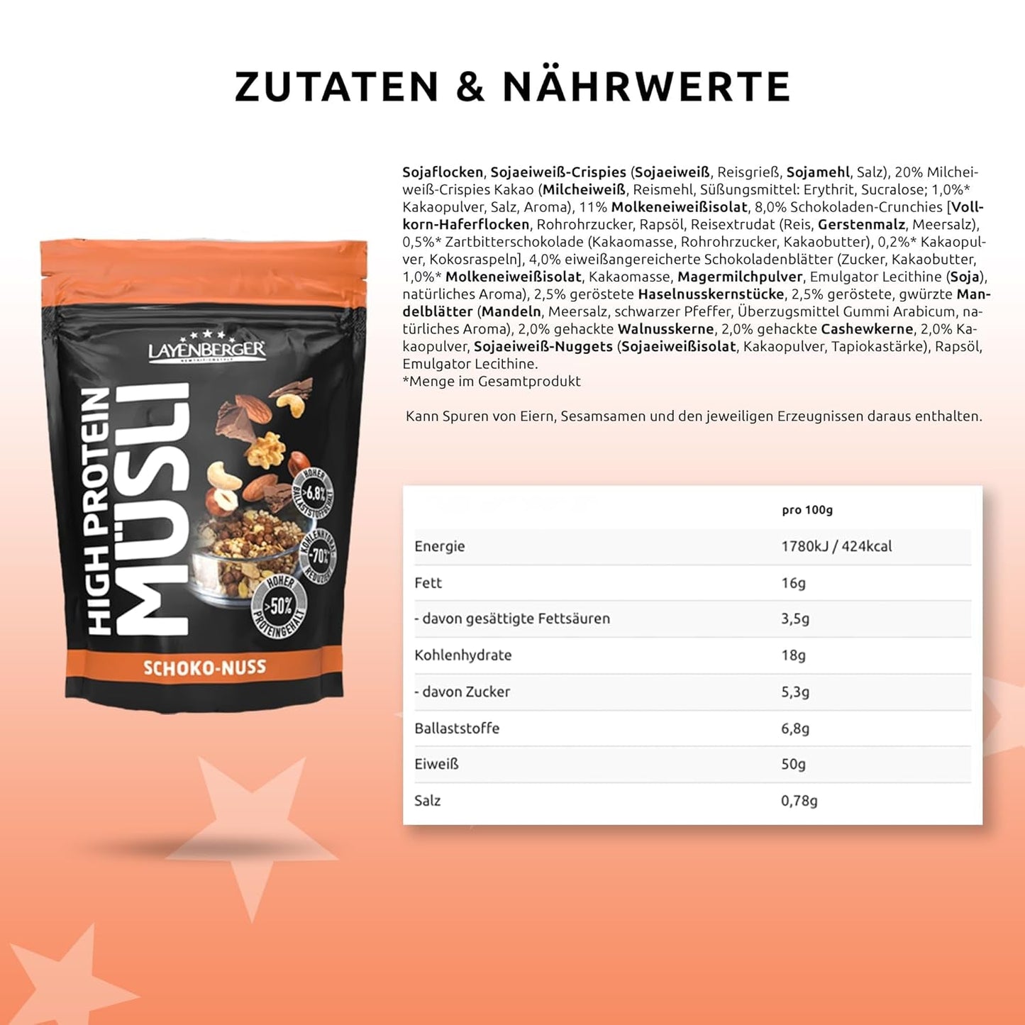 Layenberger 3K eiwitrijke muesli, 50% eiweiß en 18% kolenhydraat - enkelvoudig pakket (1X 390 G) - Schoko-Nuss Cereale Naty Shop
