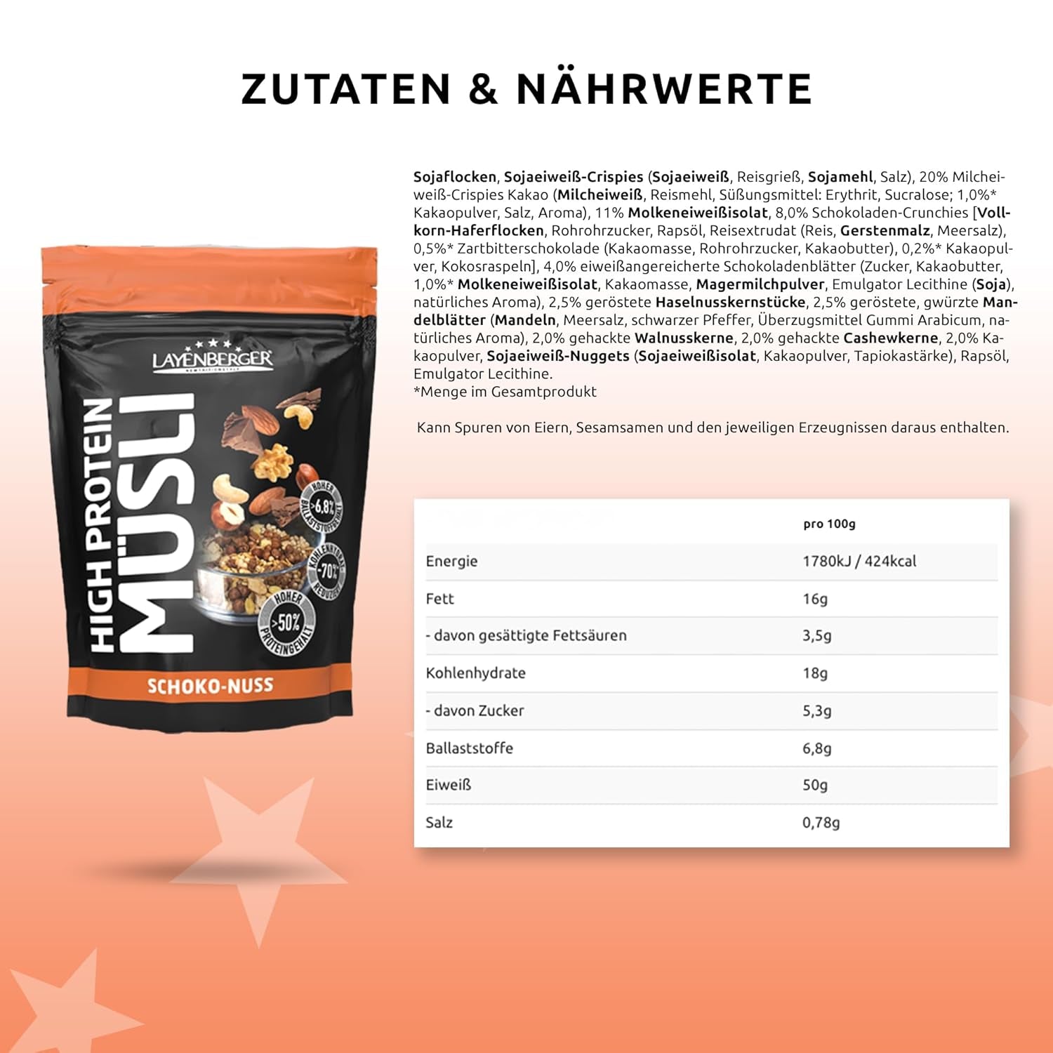Layenberger 3K eiwitrijke muesli, 50% eiweiß en 18% kolenhydraat - enkelvoudig pakket (1X 390 G) - Schoko-Nuss Cereale Naty Shop