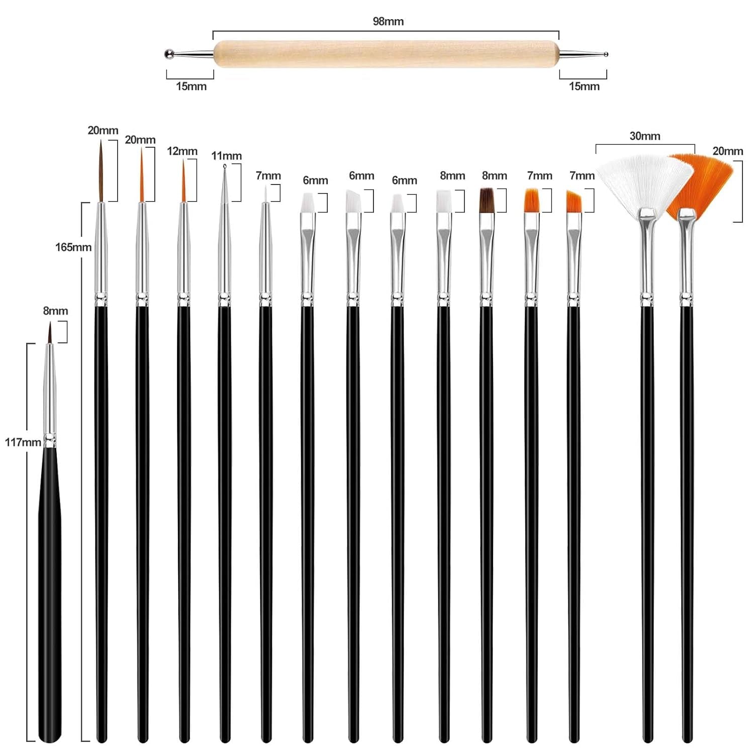 Hanyousheng 20 Stück Nagel Pinsel Set, 15 Stück Nageldesign Pinsel, 5 Stück Nail Art Dotting Tools voor DIY Nail Art Design