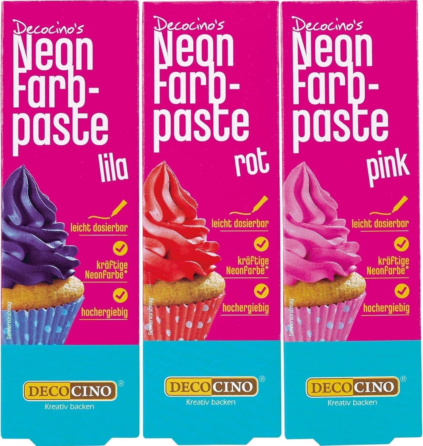 Decocino Neon Kleurstofset - 3 stuks - Rood, Roze, Paars - Hoge dosis kleurstof - Voor het kleuren van taarten, muffins, cupcakes - Smaakvrij