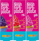 Decocino Neon Kleurstofset - 3 stuks - Rood, Roze, Paars - Hoge dosis kleurstof - Voor het kleuren van taarten, muffins, cupcakes - Smaakvrij