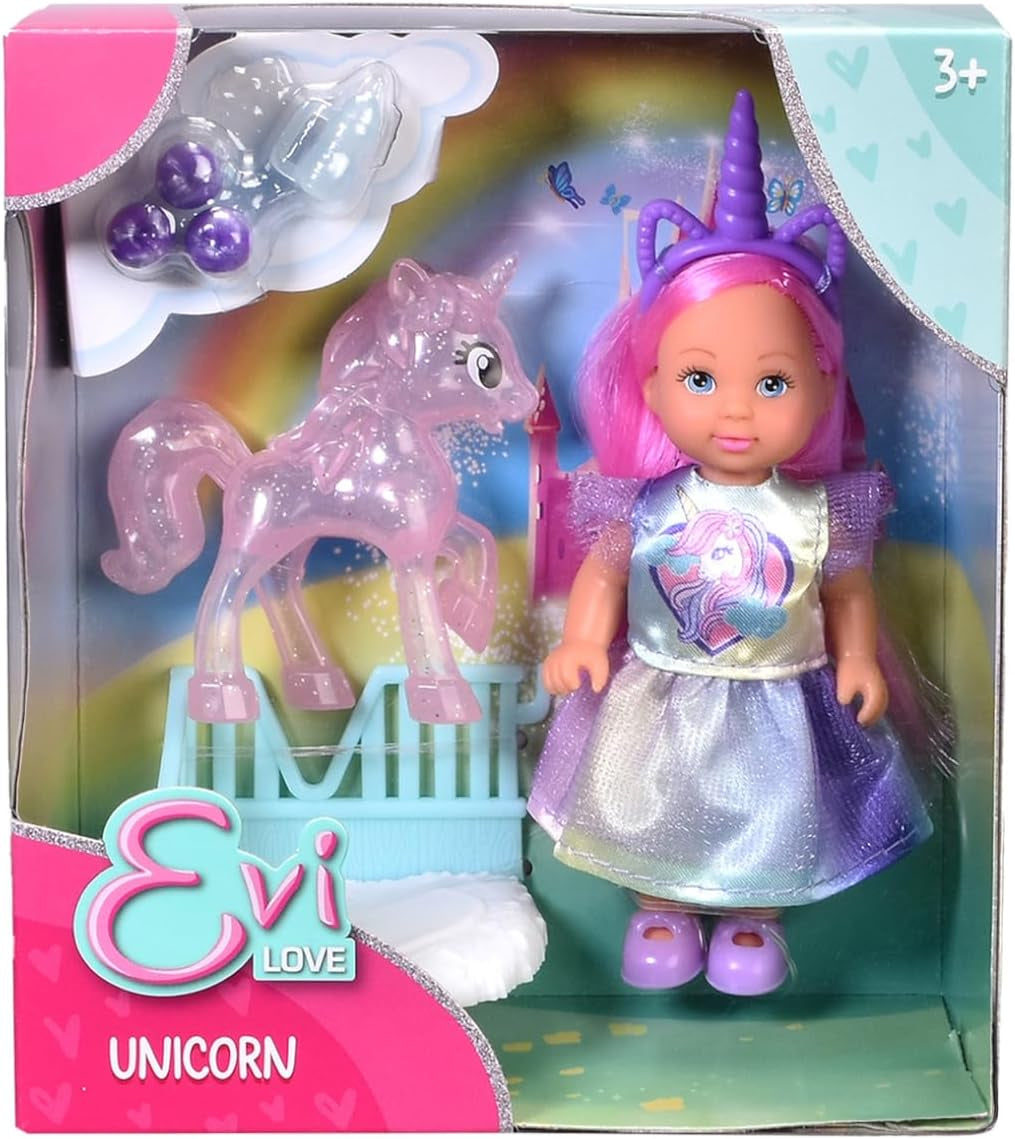 Simba Evi Love Eenhoorn speelpop met schattige eenhoornjurk met bijpassende hoofdband, inclusief een eenhoorn met stal, appels en een drinkfles, 12 cm, vanaf 3 jaar