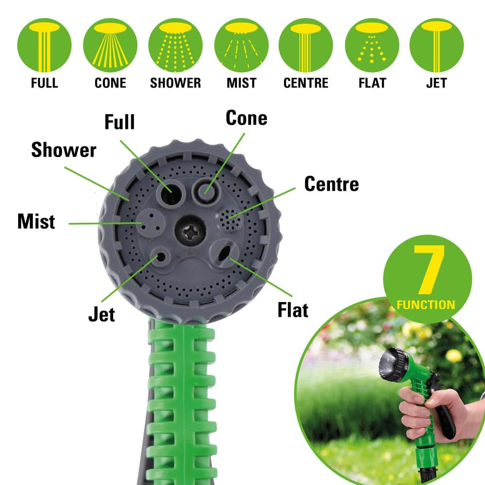 Kinzo Flexibele Tuinslang 20 m - incl. slangetje Slangaccessoire - Flexibele slang met sproeikop met 7 spuitposities - Kunststof - Groen/Grijs