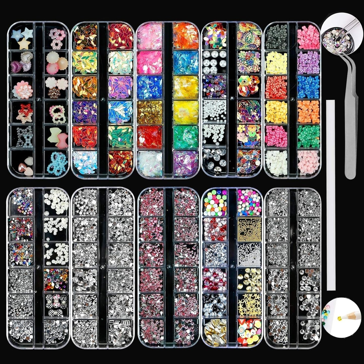 10 dozen nagelsteentjesset, multifunctionele accessoires met 1 pincet, decoratieve diamanten, kristallen, parels, edelstenen, kleurrijk, gemengd, paardenogen, metalen stenen, voor doe-het-zelf nail art-decoraties