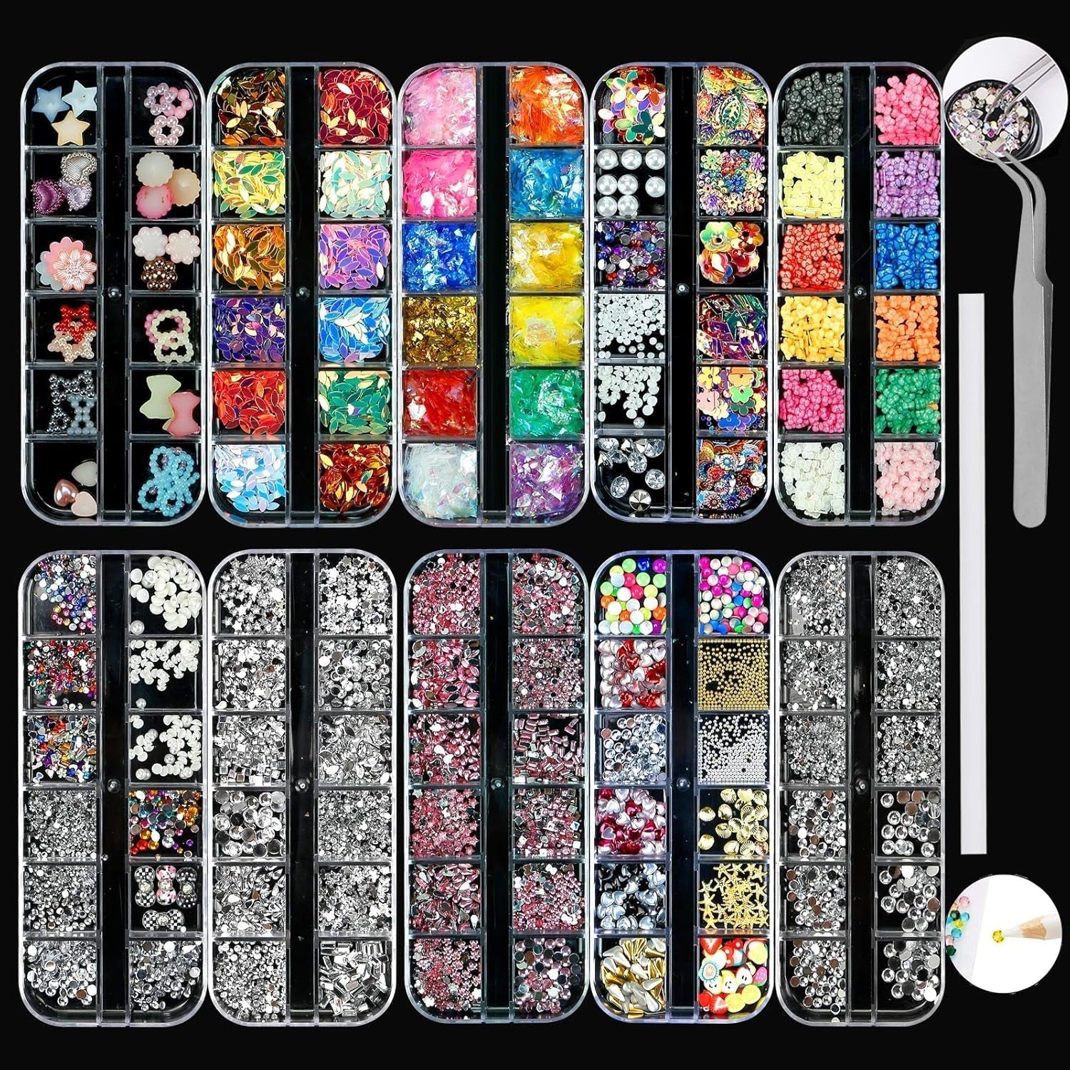 10 dozen nagelsteentjesset, multifunctionele accessoires met 1 pincet, decoratieve diamanten, kristallen, parels, edelstenen, kleurrijk, gemengd, paardenogen, metalen stenen, voor doe-het-zelf nail art-decoraties