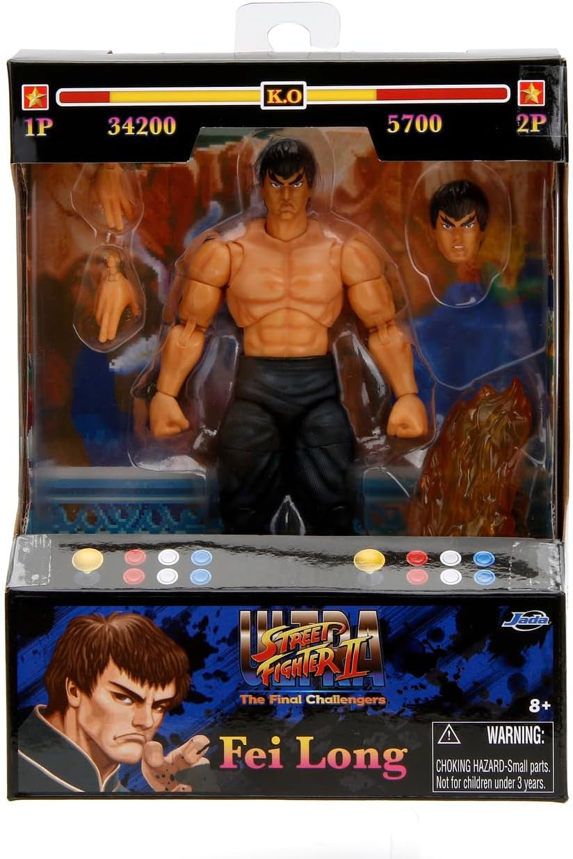 Jada Toys Street Fighter Figuur Guile (15 Cm) - Street Fighter 2: The Final Challengers Verzamelbare beweegbare actiefiguur met afwisselend hoofd, handen en accessoires, leeftijd 13+ Actiefiguren Naty Shop Fei-Long