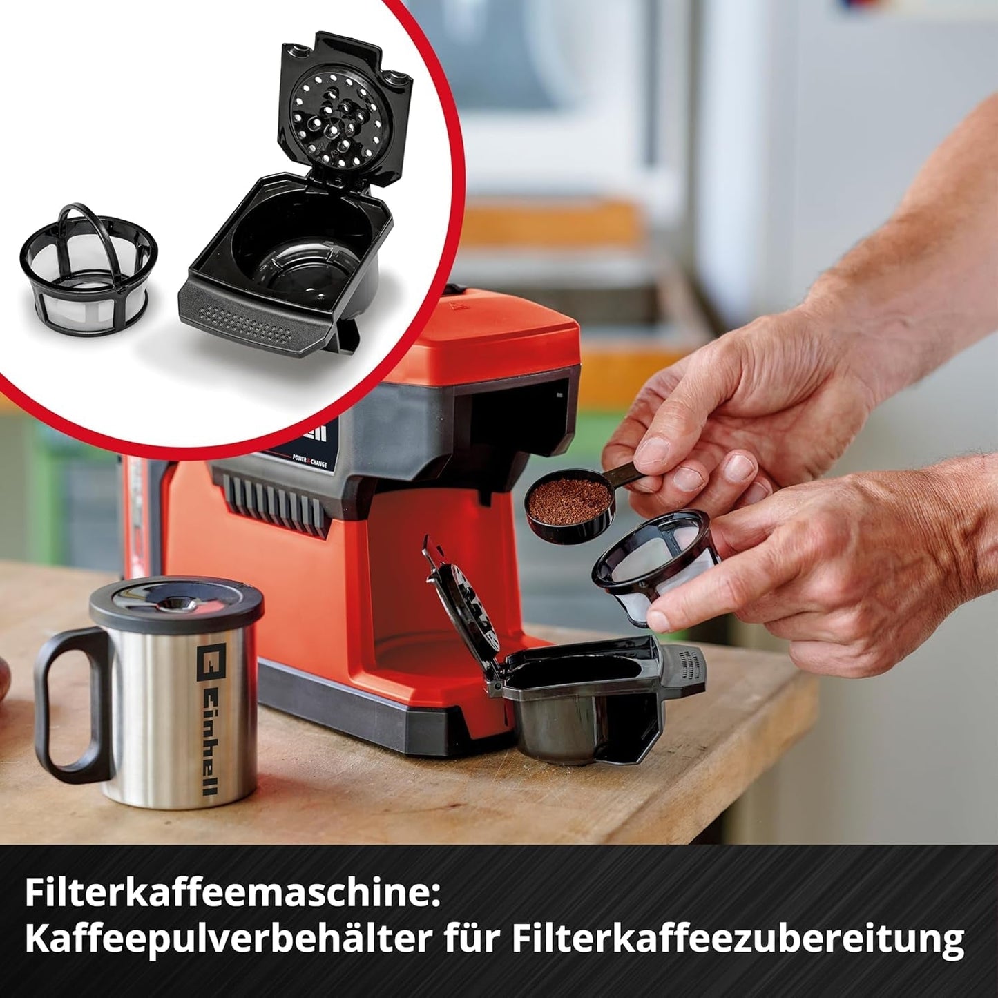 Accu-espressomachine Einhell TE-CF 18 Li-Solo Power X-Change (18 V, 240 ml watertank, voor filterkoffie en koffiecapsules, draaggreep, incl. koffiekopje met deksel, zonder batterij)