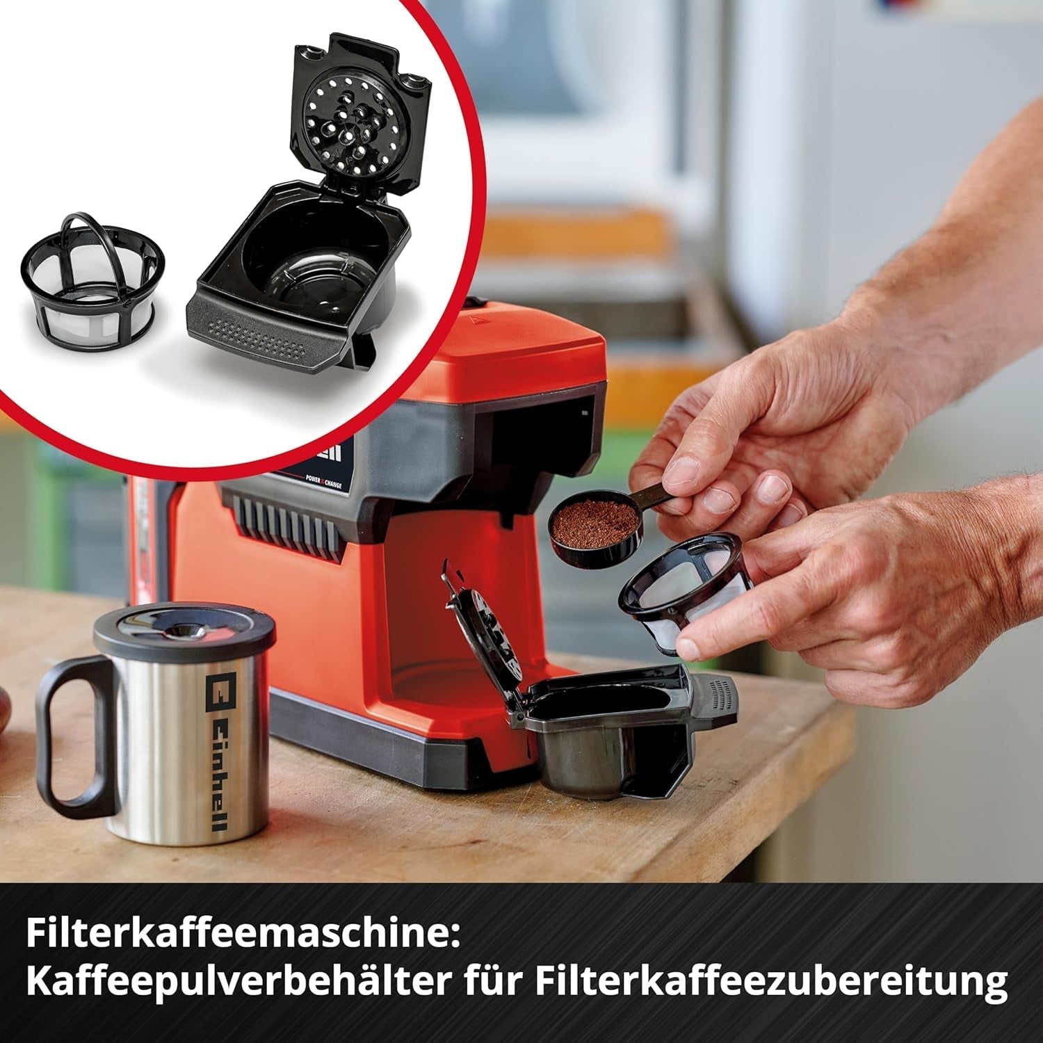 Accu-espressomachine Einhell TE-CF 18 Li-Solo Power X-Change (18 V, 240 ml watertank, voor filterkoffie en koffiecapsules, draaggreep, incl. koffiekopje met deksel, zonder batterij)