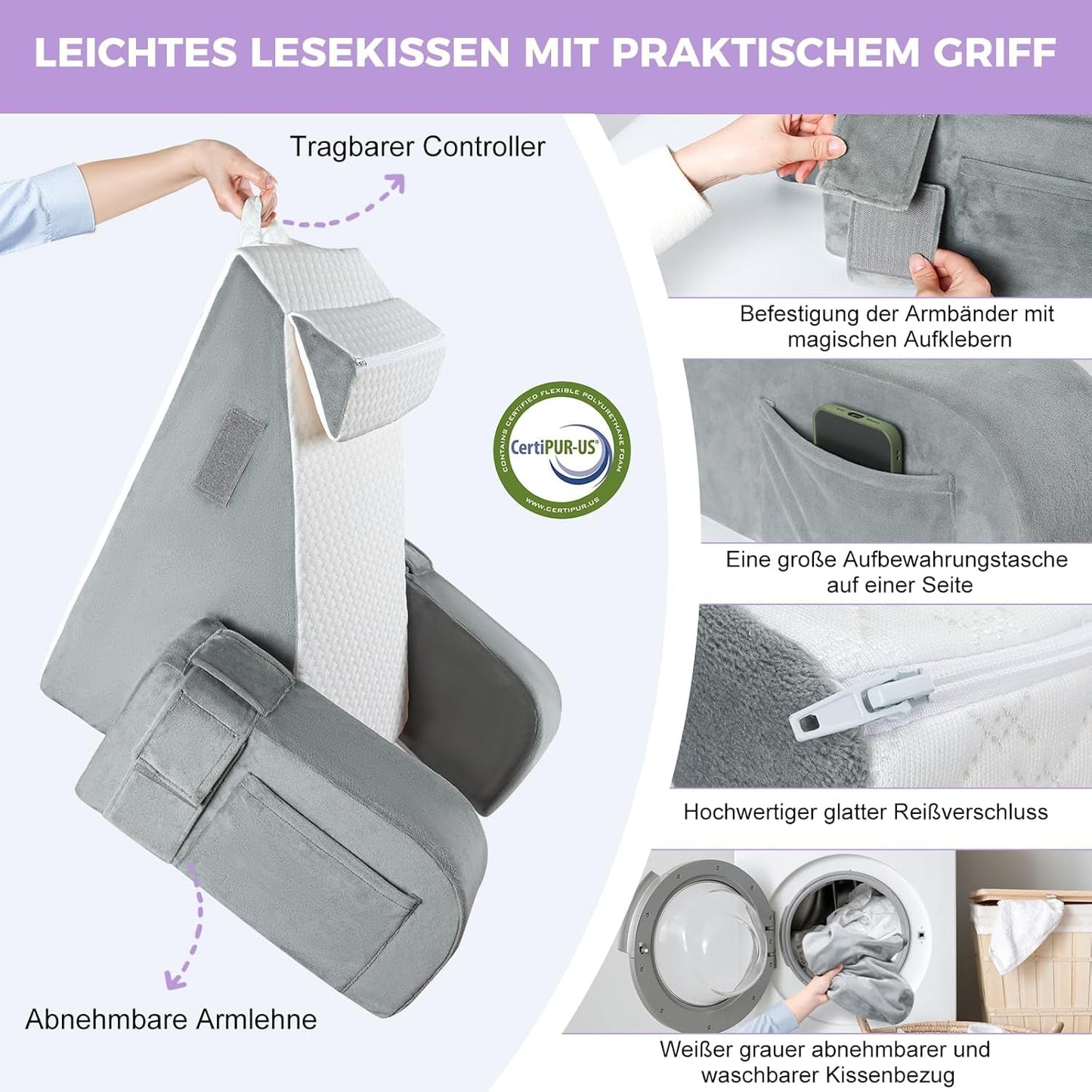 Groot leeskussen met handgreep, schuim met hoge dichtheid, ergonomisch rugkussen, armleuningen, neksteun en hoofdsteun, verstelbaar zitkussen om te slapen, spelen, tv kijken, voor bed en bank