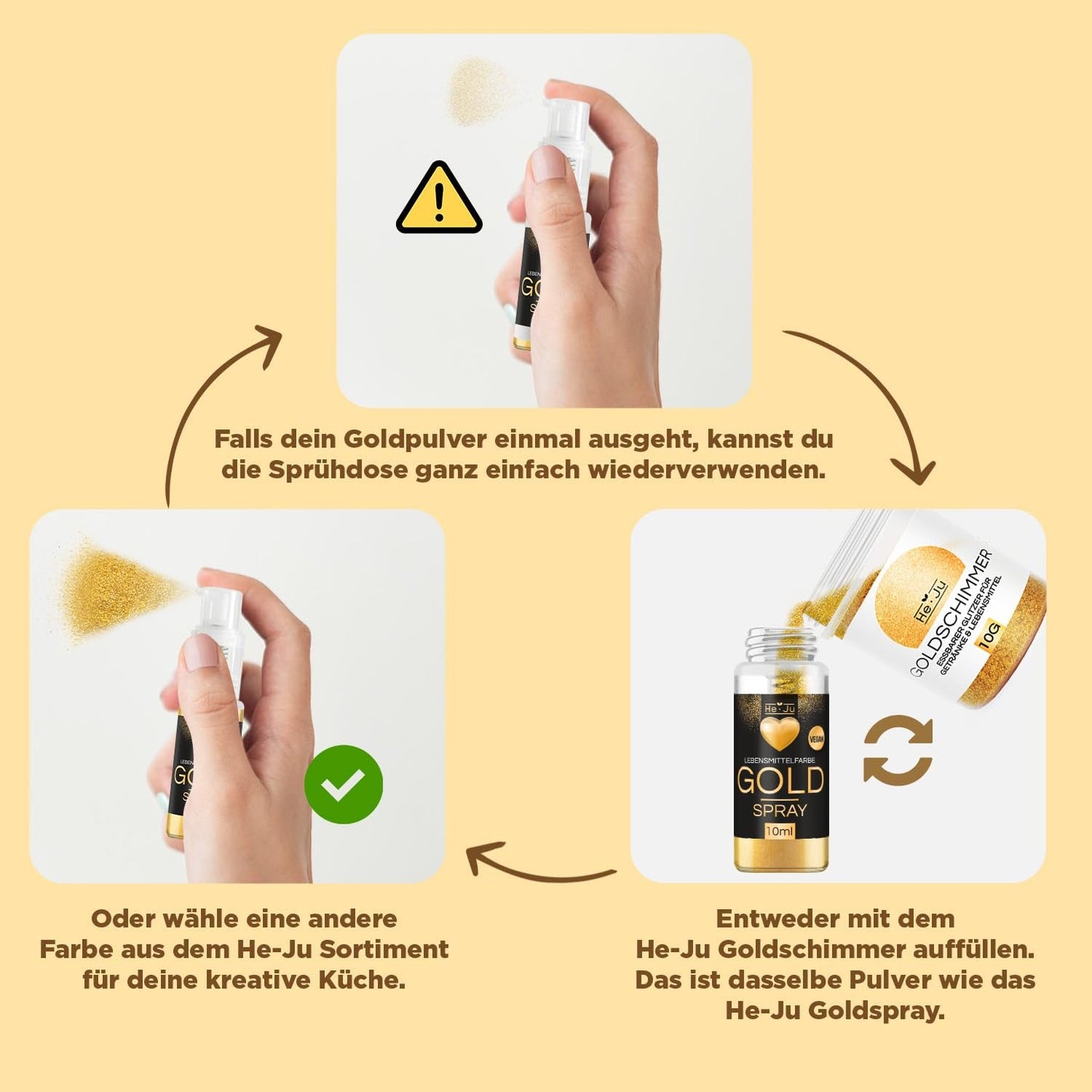 He-Ju Metallic Gold vloeibare kleurstof voor levensmiddelen 25 ml, eetbare glitter voor drankjes en eten (metallic goud, 25 ml)