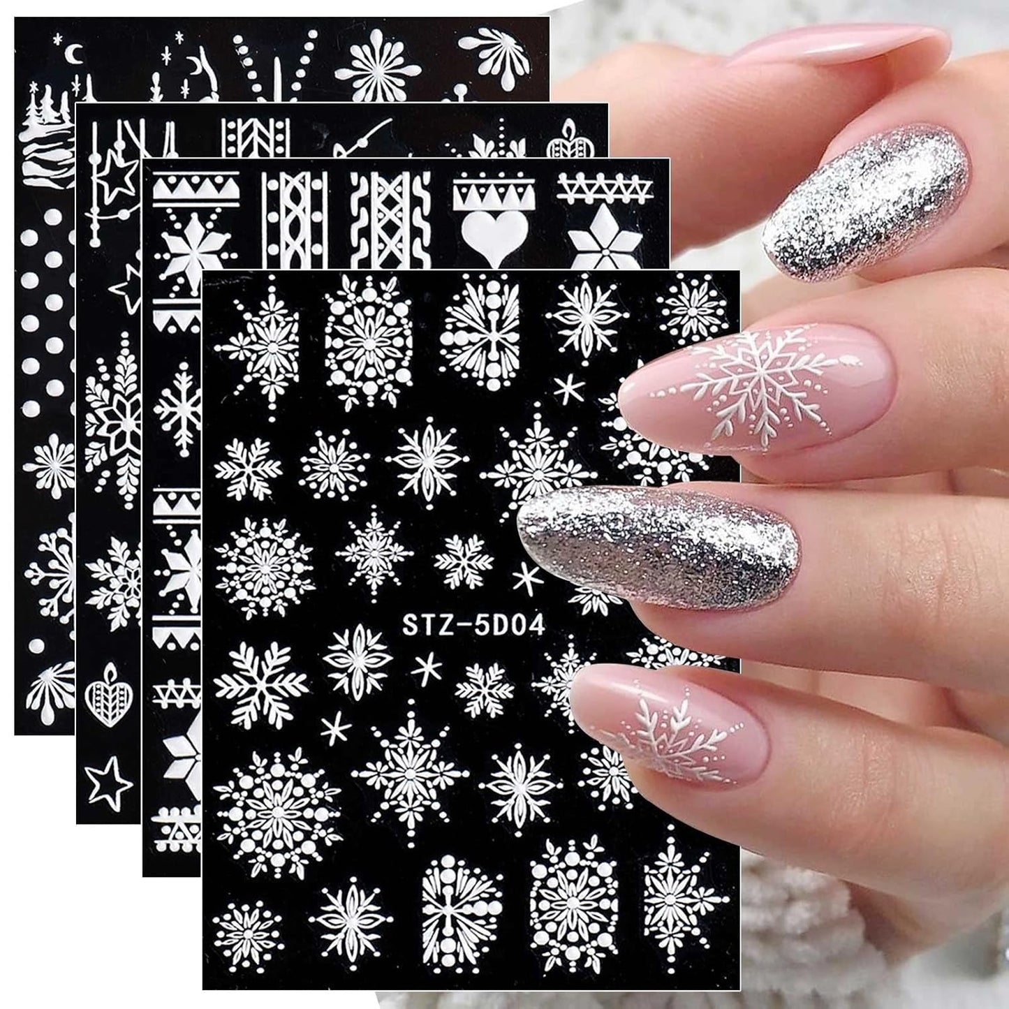 4 Blatt 3D Nagelsticker Weihnachten Nagelaufkleber Christmas 5D Stereoskopisch Selbstklebend Schneeflocke Schneemann Nail Art Sticker Decoratie Nageldesign Zubehör
