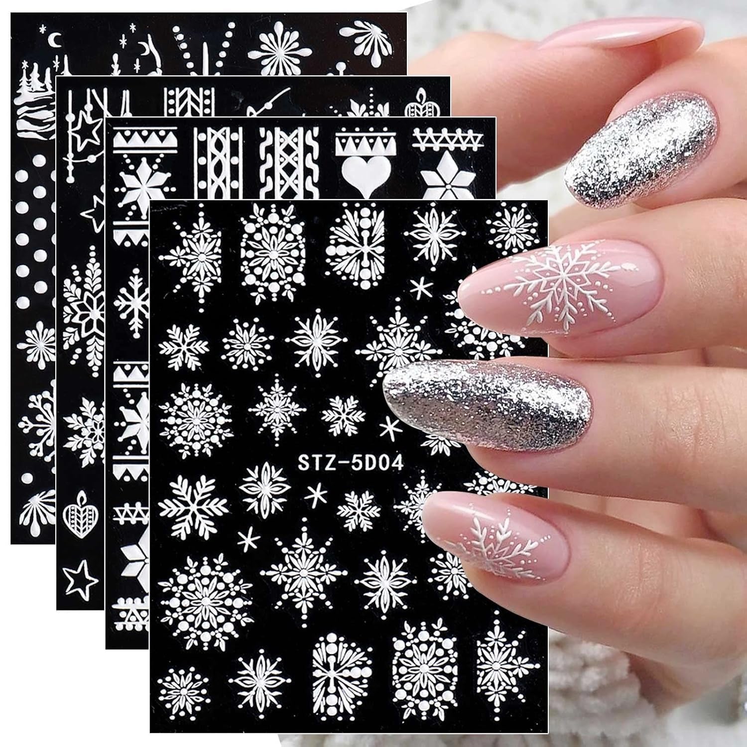4 Blatt 3D Nagelsticker Weihnachten Nagelaufkleber Christmas 5D Stereoskopisch Selbstklebend Schneeflocke Schneemann Nail Art Sticker Decoratie Nageldesign Zubehör